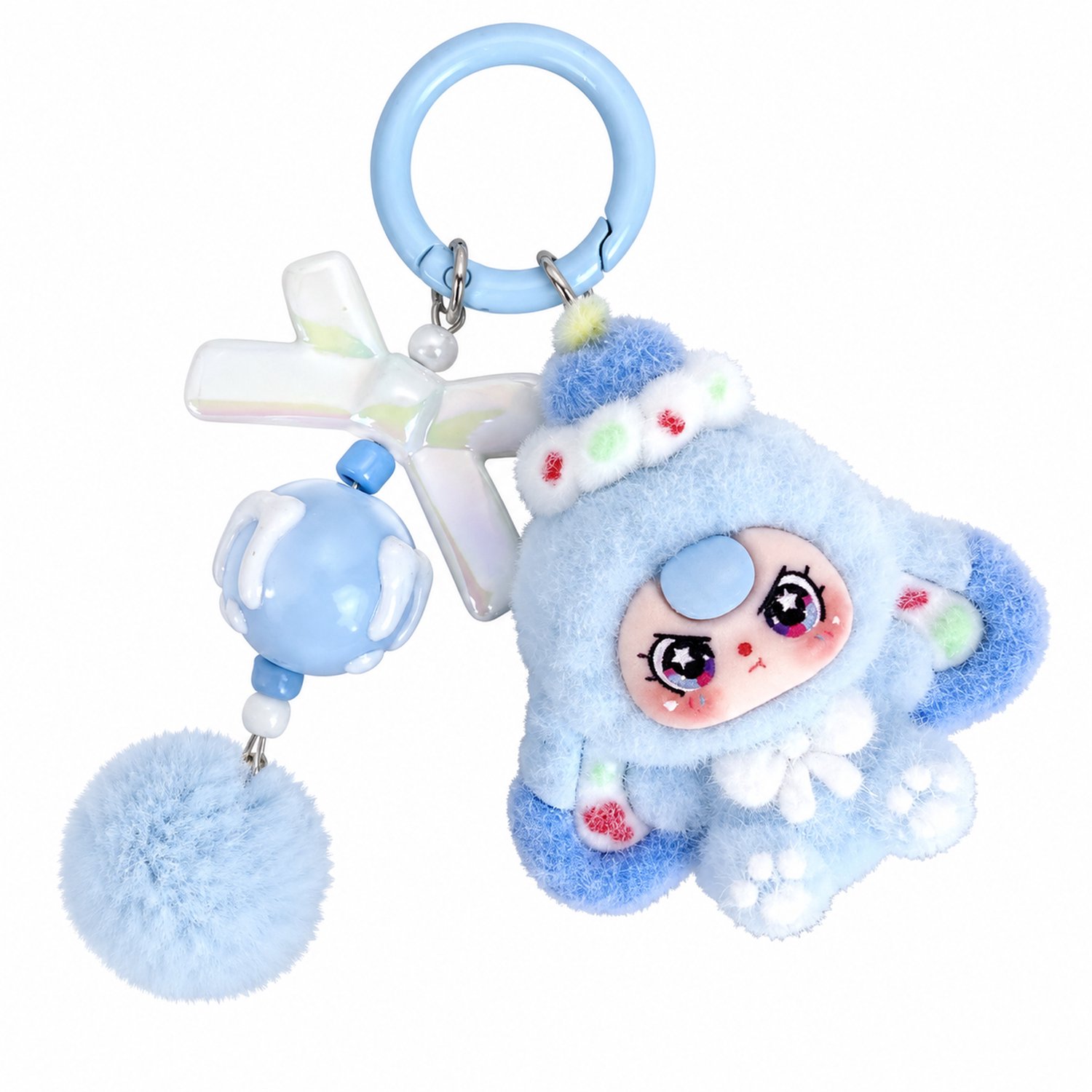 Sleutelhanger met blauwe cartoonpop, ring, strik, sierkraal en pompon, ook als tashanger