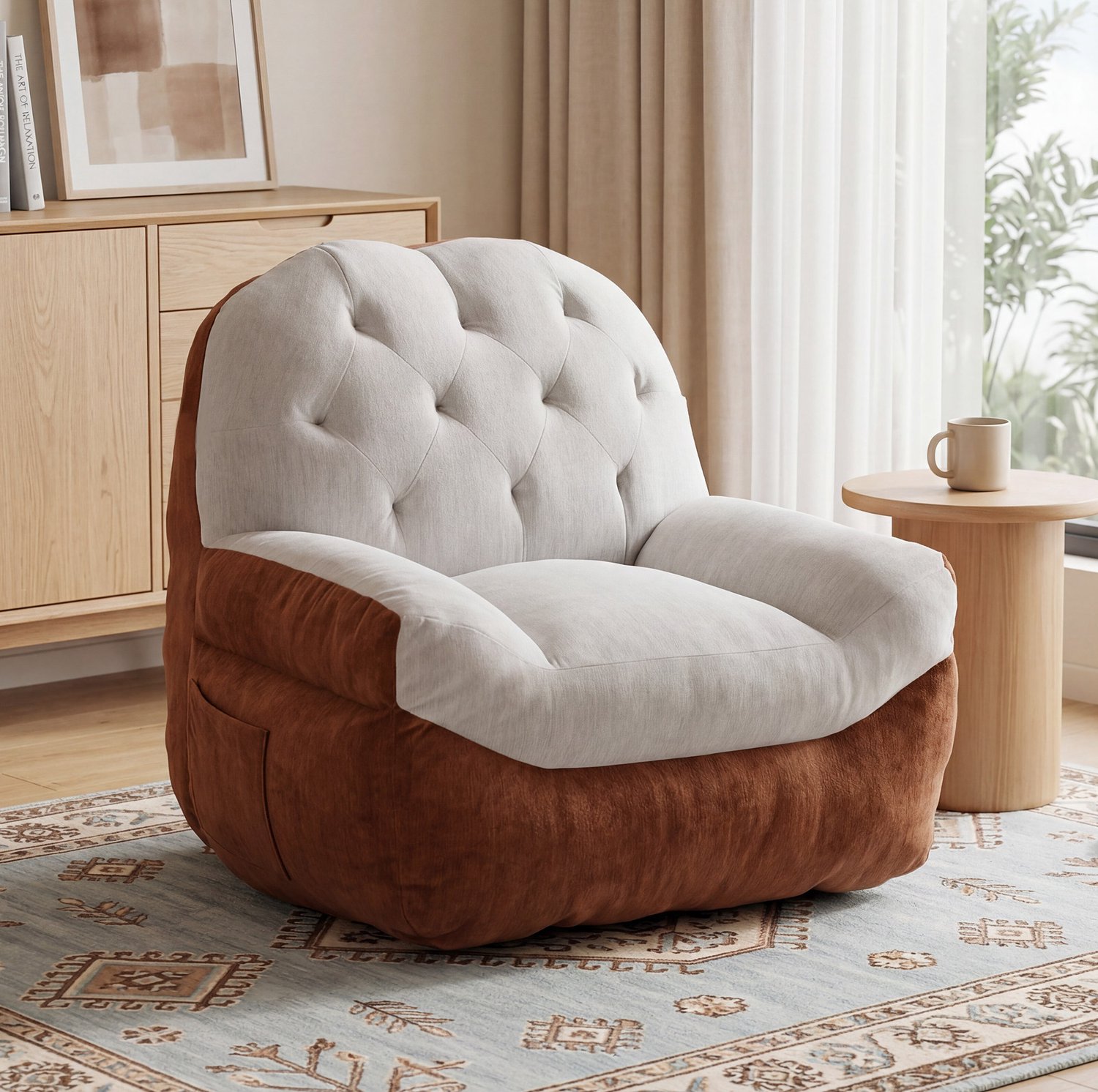 STILVORA Fauteuil 110 x 113 x 88,5 cm - Zachte Zitting en Ronde Rugleuning - Voor Leeshoek en Slaapkamer - Chenille - Crème en Bruin
