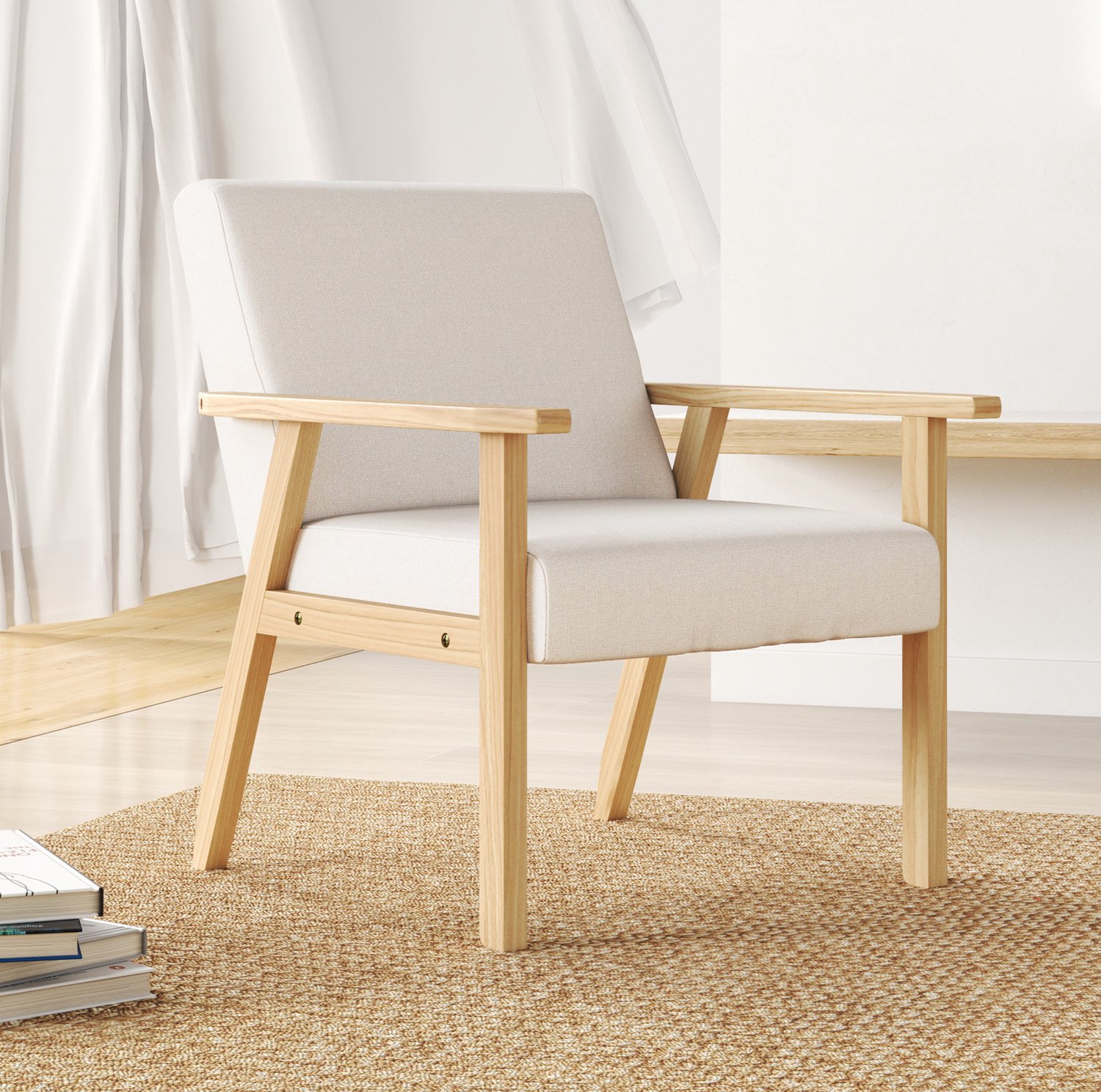 MODENUIT Fauteuil 64 x 70 x 72 cm - Met Armleuningen - Woonkamer En Slaapkamer - Hout En Stof - Crèmewit Crème wit