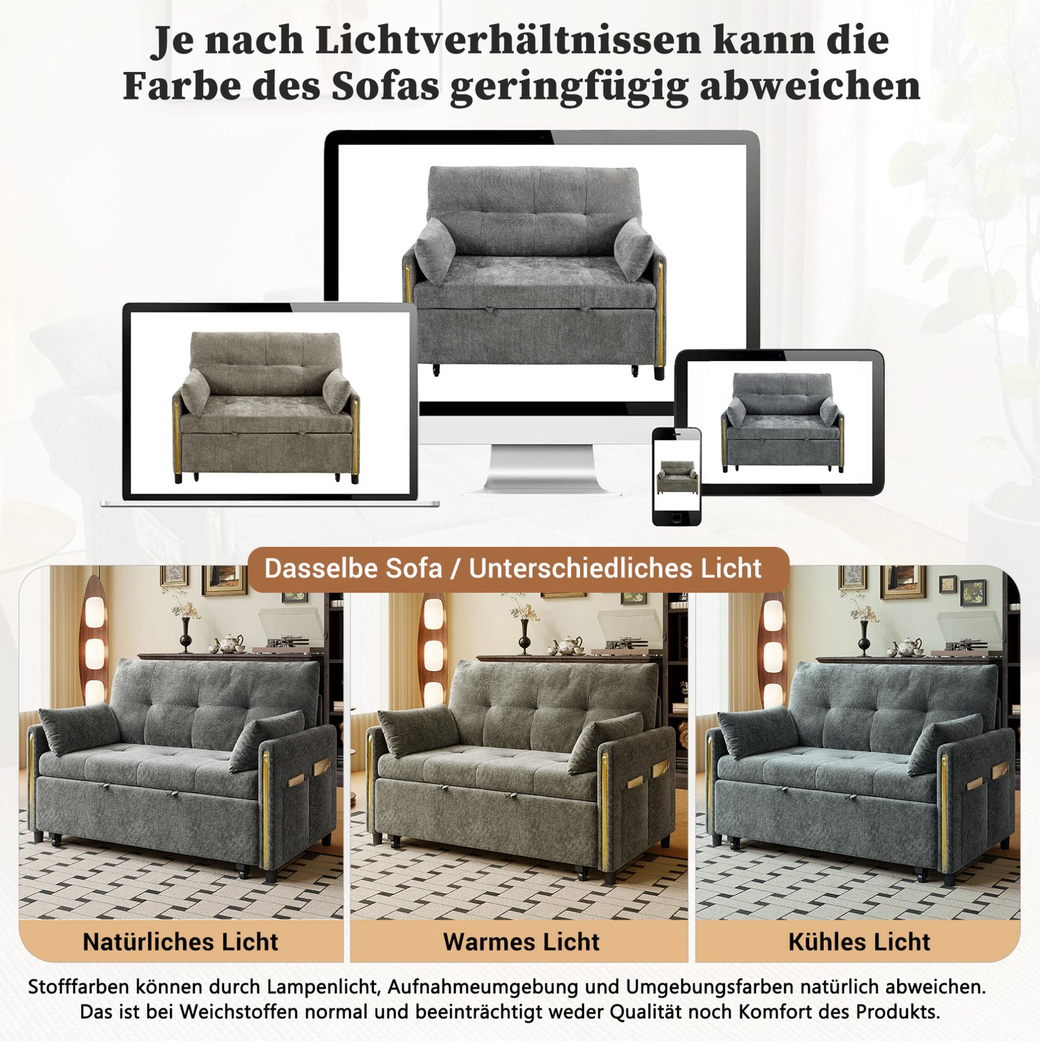 MODENUIT Slaapbank 125 x 83 x 93 cm - Uitschuifbaar met Verstelbare Rugleuning - Woonkamer - Chenille - Grijs
