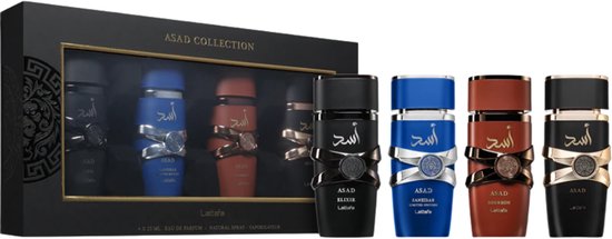 Lattafa Asad parfumgeschenkset met vier flacons van 25 ml in zwart, blauw, roestbruin en goud.