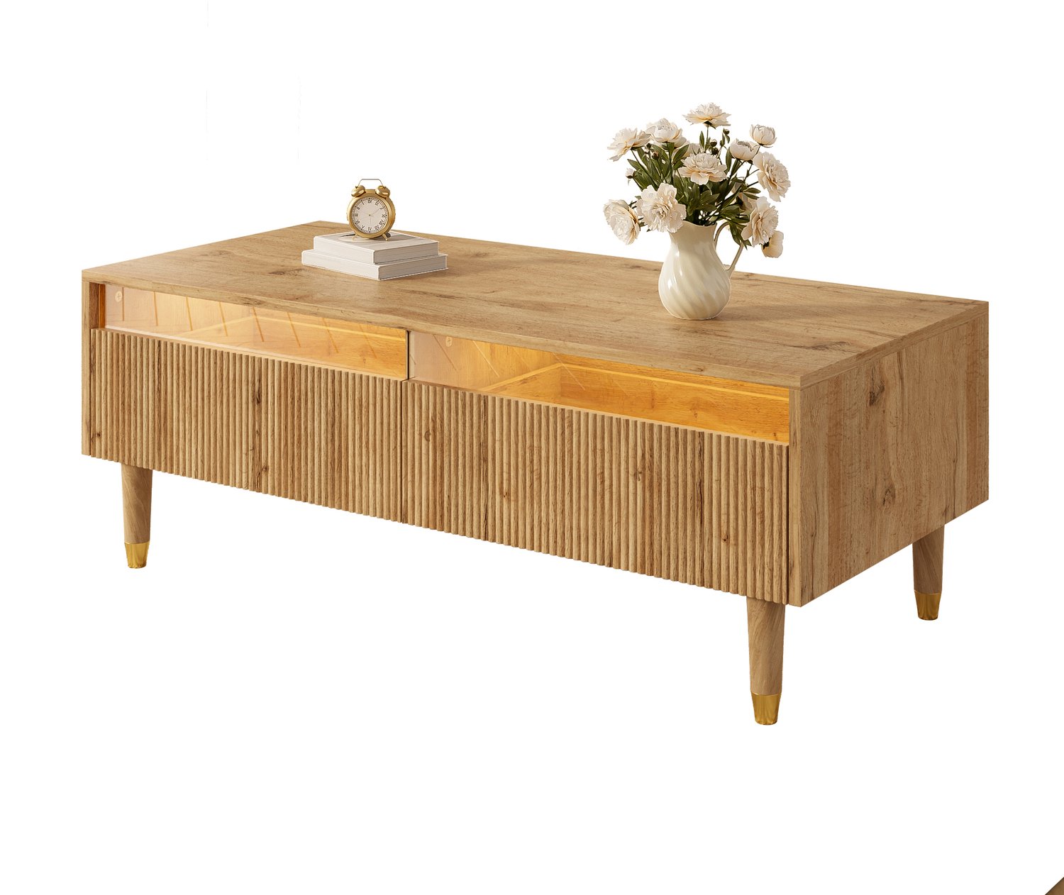 DantefHandels Dieser moderne LED-salontafel verfügt über eine gewellte ladenplatte, gold-houtfarbene poten, zwei laden en einen farbwechselnden LED-Lichtstreifen wood