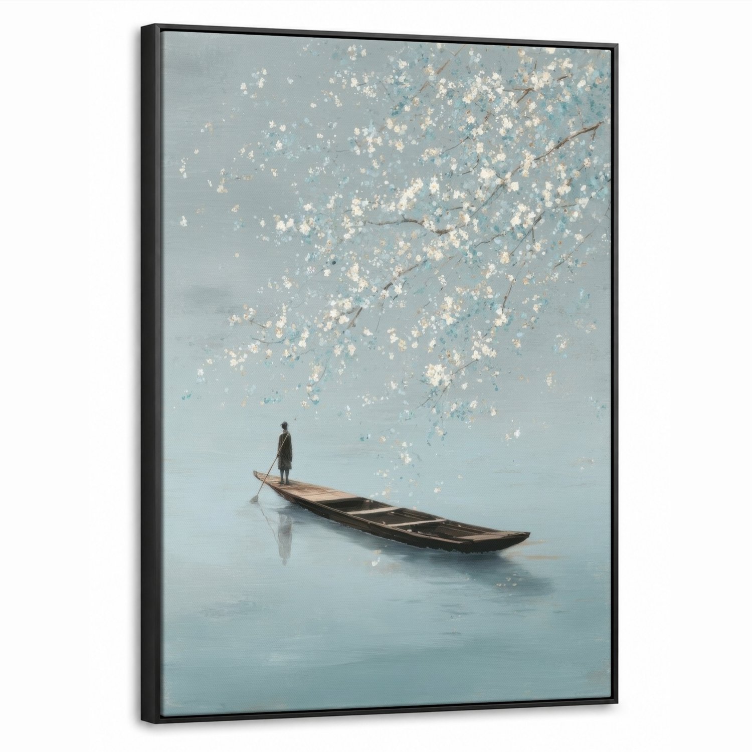 Canvas Schilderij met Baklijst 60x80cm - Bloesems - Minimalistisch - Wateroppervlak - Boot - Muurdecoratie woonkamer - Slaapkamer decoratie - Kamer accessoires - Schilderijen op canvas met lijst