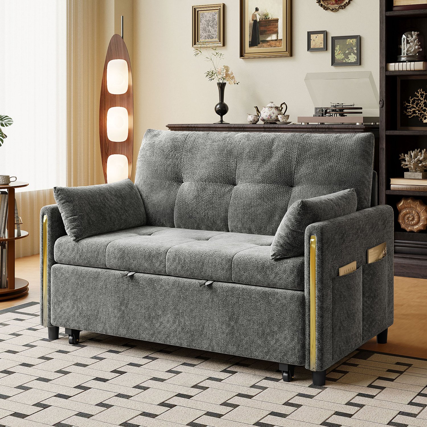 OKWISH Slaapbank 125 x 83 x 93 cm - 2-Zits met Uitschuifbed en Verstelbare Rugleuning - Voor Kleine Woonruimtes - Chenille - Grijs