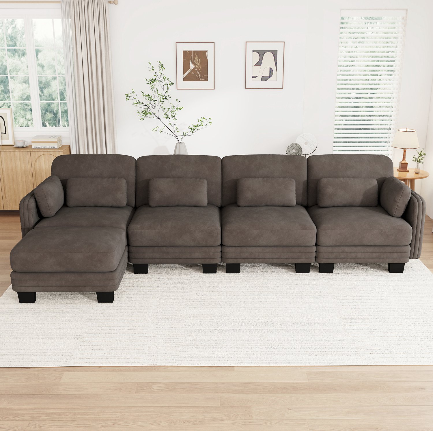OKWISH Hoekbank 330 x 143 x 88 cm - Modulaire Vierzitter met Voetenbank en Verplaatsbare Kussens - Voor de Woonkamer - Chenille - Bruin Donkergrijs