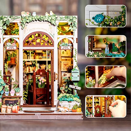 DIY "Boekenhoek" Bouwmodel - Mini Groene Boekhandel - 3D Houten Puzzel - Zelf in elkaar te zetten Huis - Miniatuur Scène Set - Model Speelgoed - Geschikt voor Boekenplanken en Woondecoratie - Inclusief LED-verlichting