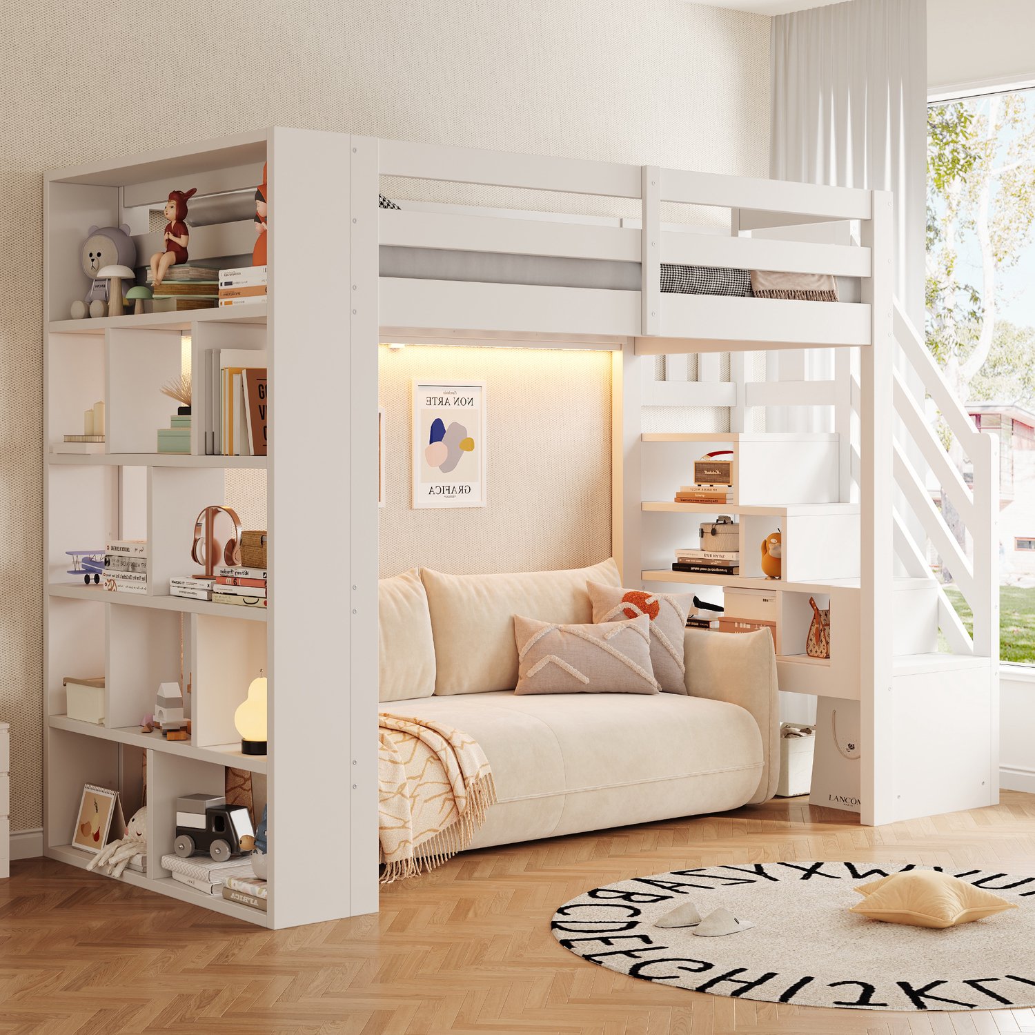 Clruro Hoogslaper - 90x200 cm - met Opbergtrap - Opbergvakken en LED - Hout/MDF - Wit