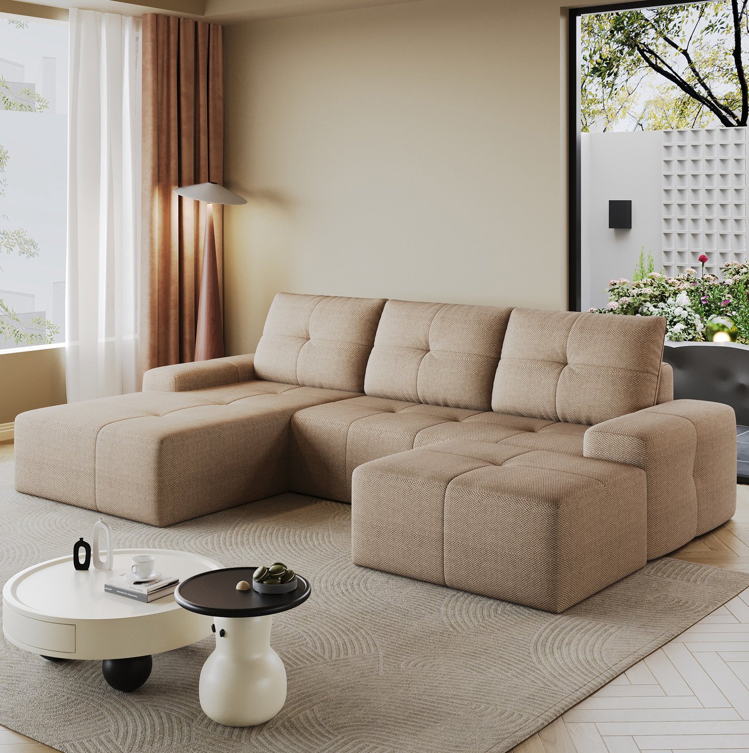 MIVRAY Hoekbank 262 x 172 x 82 cm - L-Vorm Met Losse Voetenbank en Zachte Schuimvulling - Voor de Woonkamer - Stof - Khaki