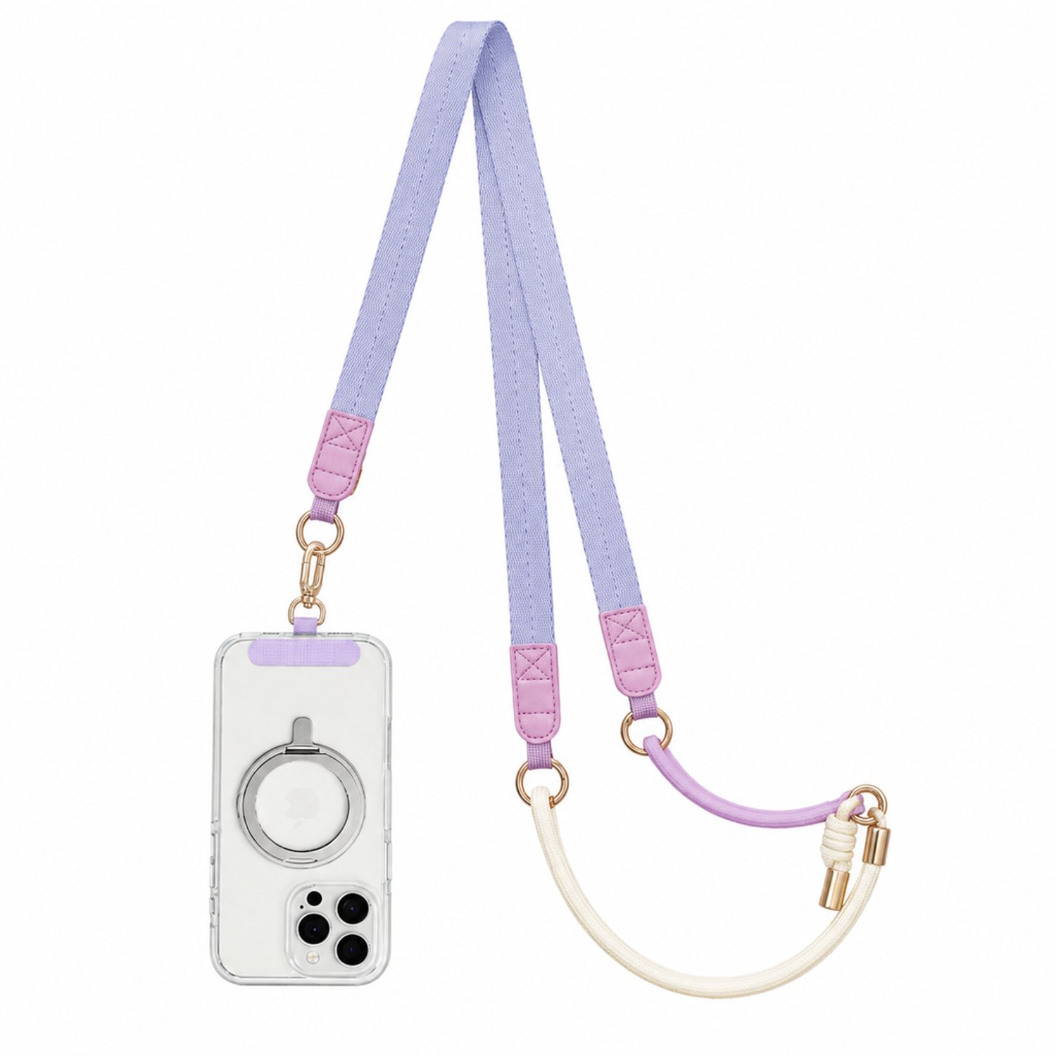 Telefoonkoord paars, 150 cm, verstelbaar voor crossbody dragen, platte band met ronde koorden en metalen sluitingen, inclusief bevestigingsplaatje