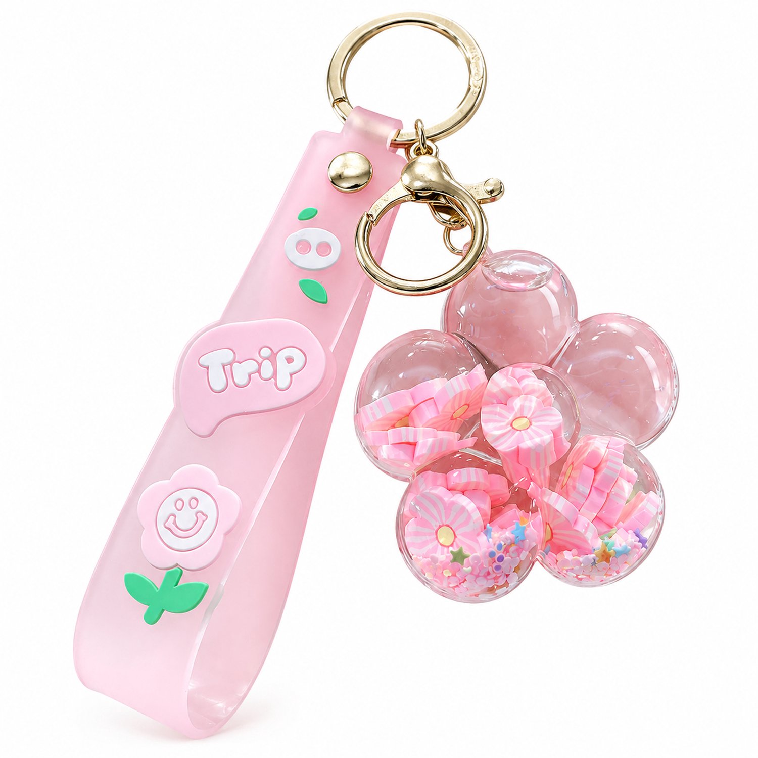 Sleutelhanger met roze bloem van acryl, transparante hanger met decoratieve band, sleutelring en haak, individueel verpakt