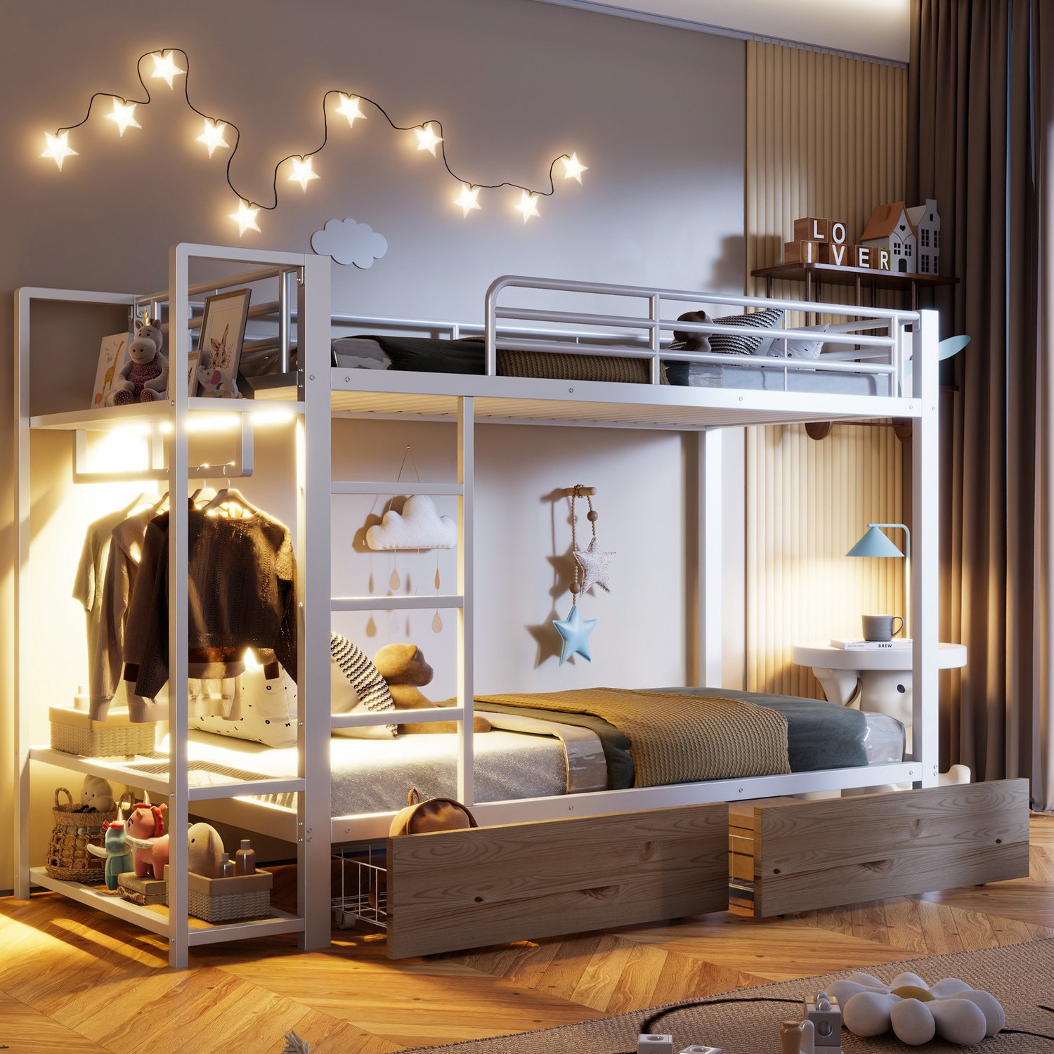 Zubaliya Stapelbed - 90 x 200 cm - Wit - metaal - LED-verlichting - Lades - Kledingroede