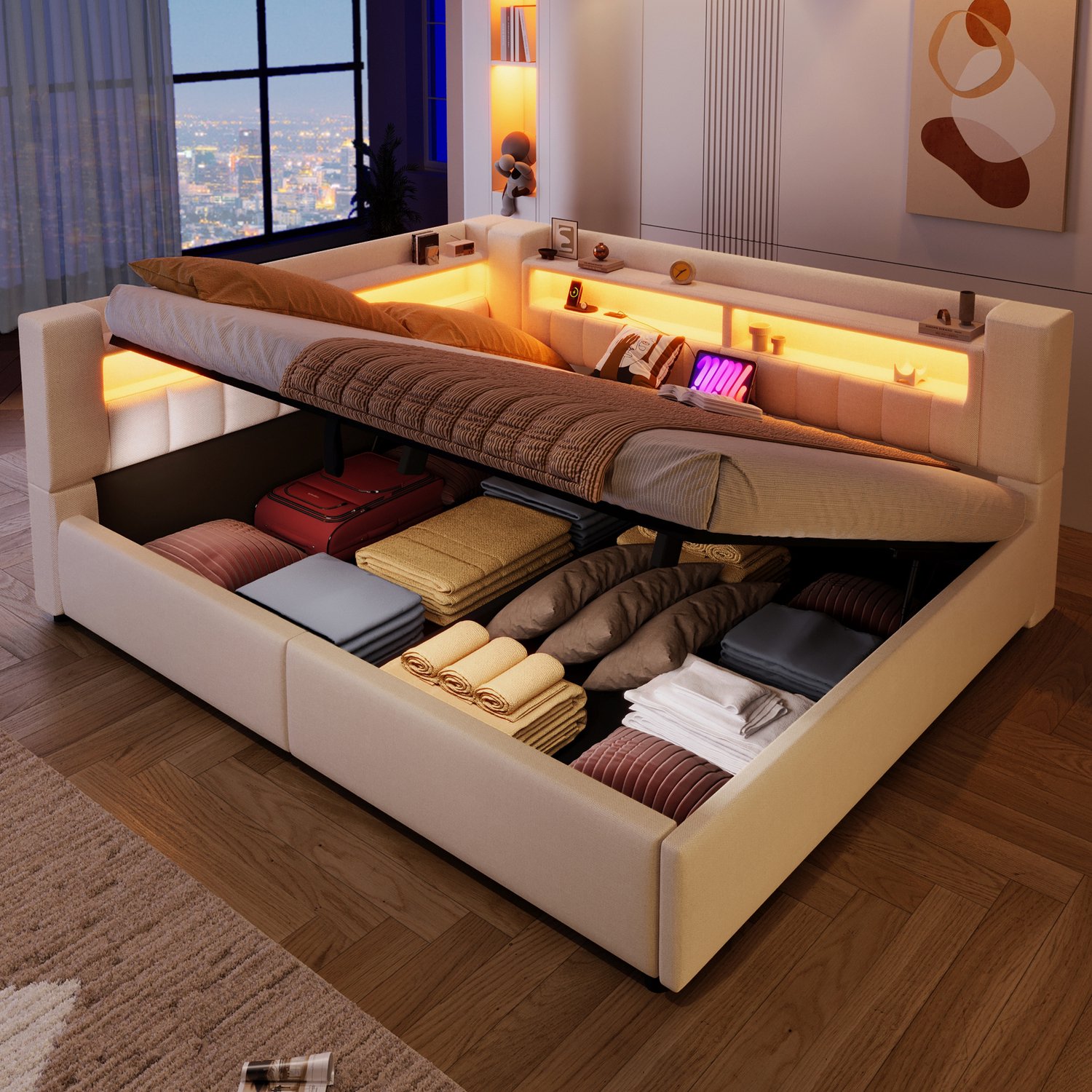 Zubaliya Dagbed - 140 x 200 cm - Beige - linnen - Hydraulische opbergruimte - LED-verlichting - USB-aansluiting