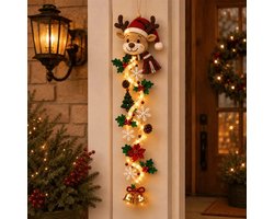 Verlichte kerstdeurdecoraties - Kerstdeurornamenten met lichtjes - Kant-en-klare decoratieve stukken - Kerstrendierdecoraties - Feestelijke decoraties - LED-lichtstrips - Geschikt voor voordeuren, woonkamers, slaapkamers, enz. - Warm wit licht