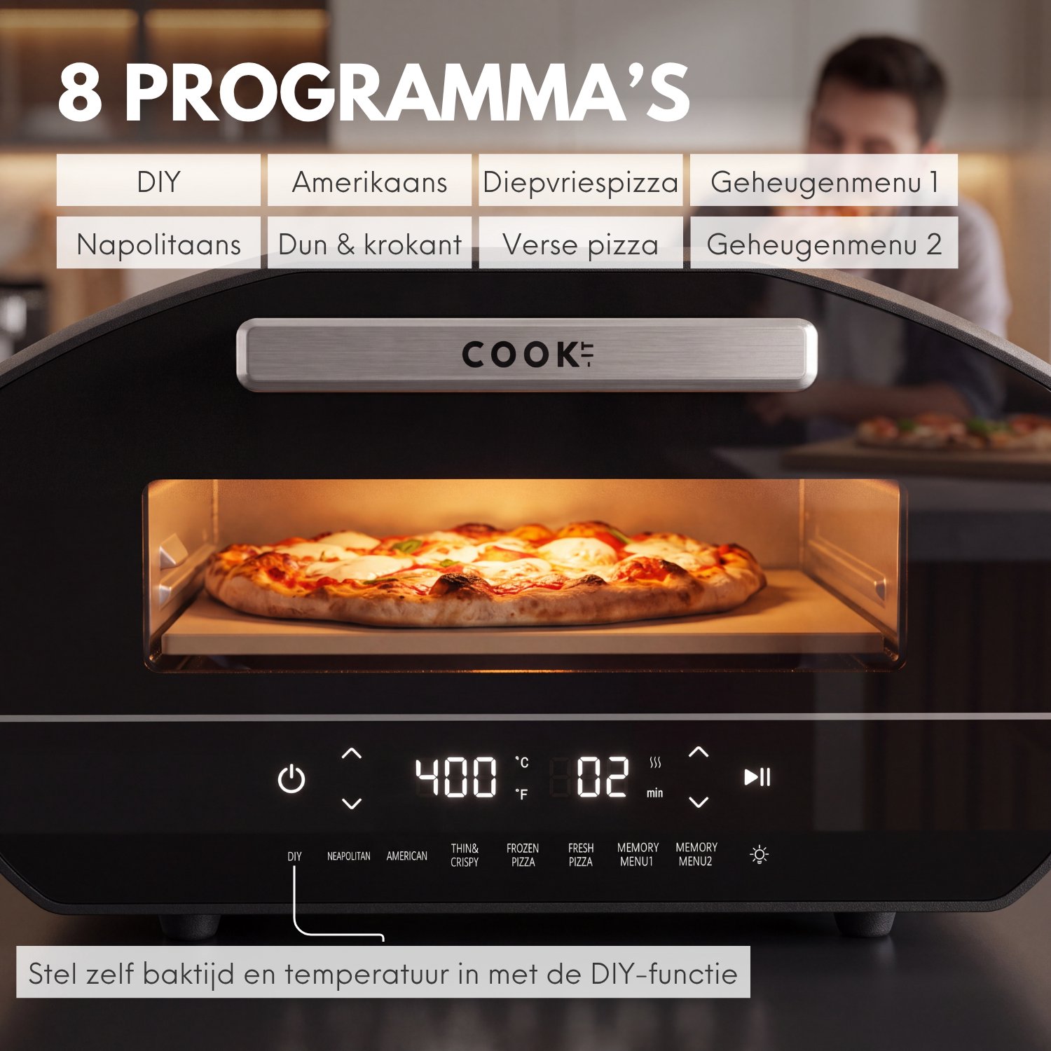 COOK-IT Elektrische Pizza Oven – Pizzaoven tot 450°C – 2100W – Voor Pizza’s tot 12 Inch – 5 Pizza Programma’s – Italiaanse, Amerikaanse & Crispy Pizza – foto 3