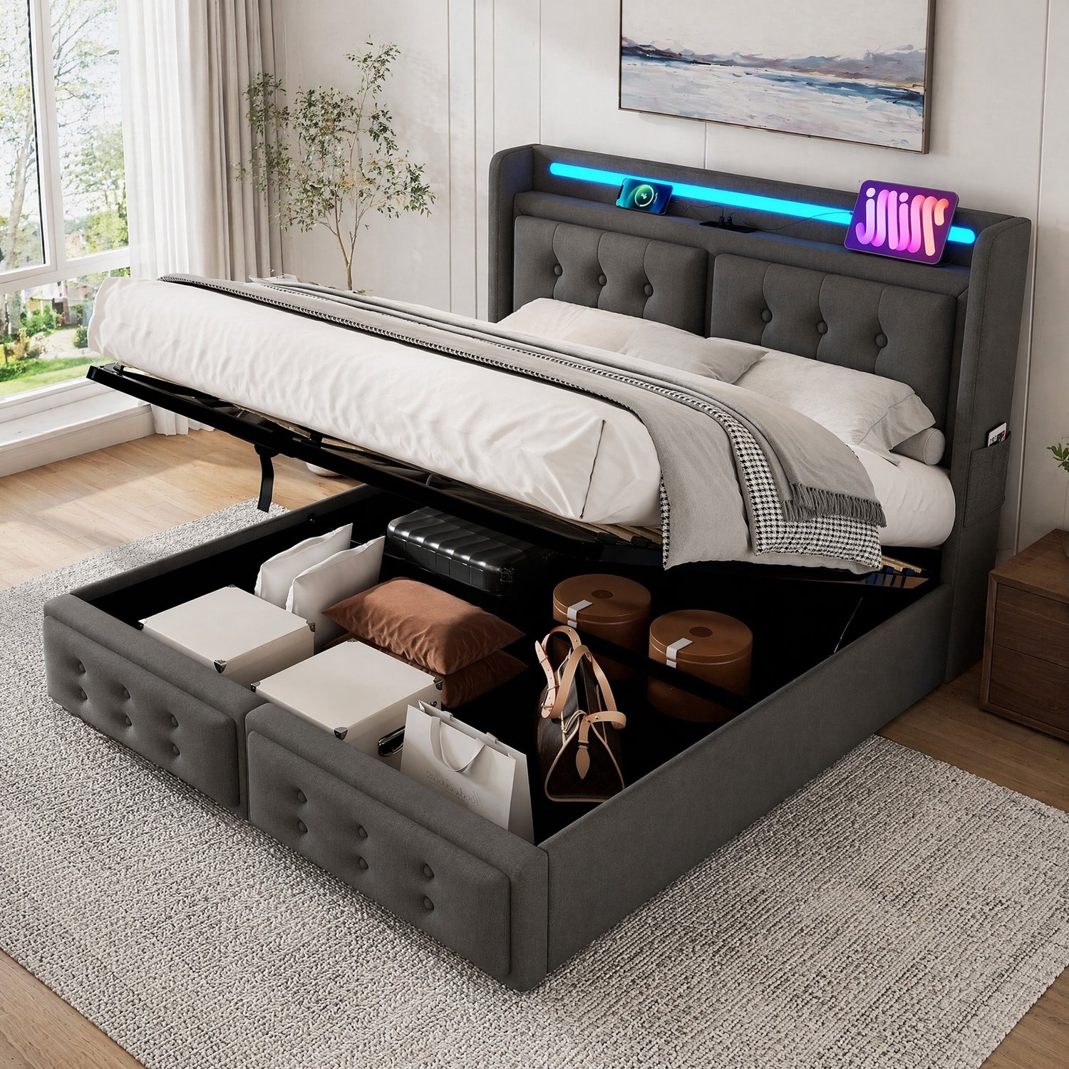 Maisentiel Gestoffeerd tweepersoonsbed 160 x 200 cm - grijs - opbergruimte, LED en USB-C