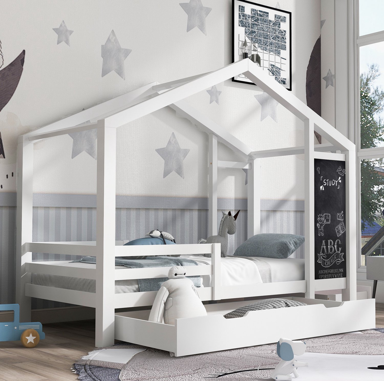 Maisentiel Wit kinderhuisbed 90 x 200 cm met schoolbord, 2 lades en lattenbodem