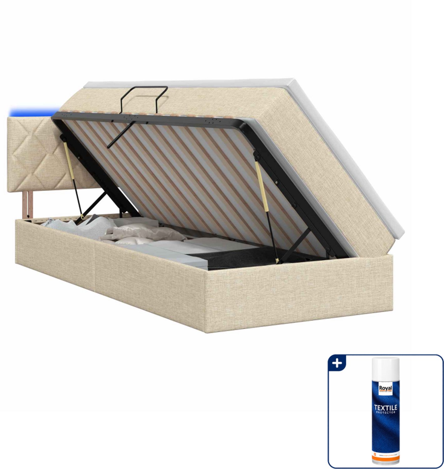 vidaXL LED opslagbed - 90 x 200 cm - stof - crèmekleurig - Inclusief textielbeschermer 500 ml