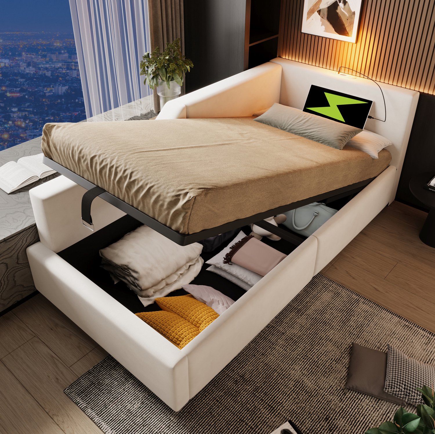 Maisentiel Beige dagbed 90 x 200 cm met opbergruimte, leeslamp en USB-C