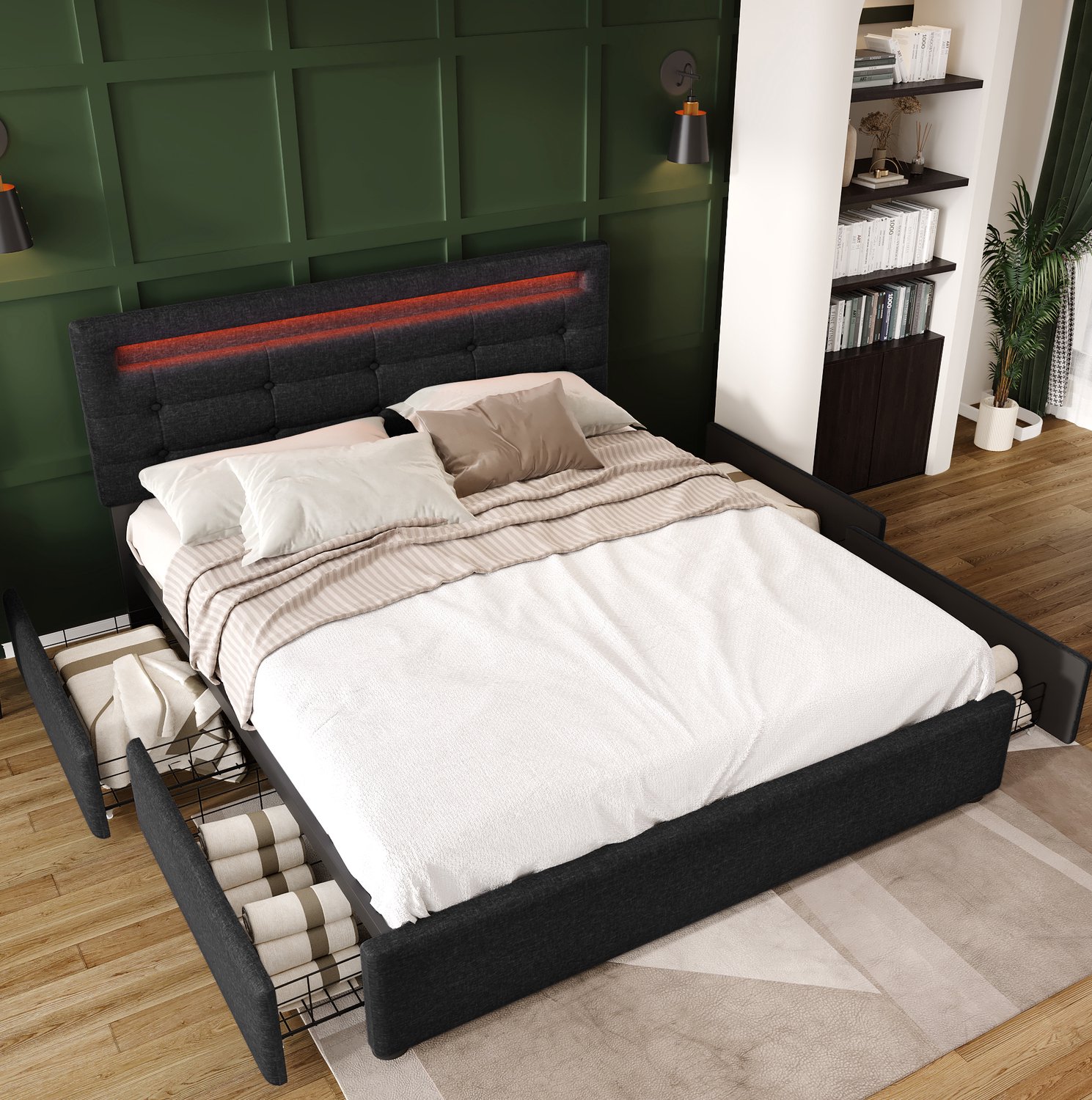Maisentiel Tweepersoonsbed 140 x 200 cm met 4 lades, verstelbaar hoofdeinde en LED - zwart