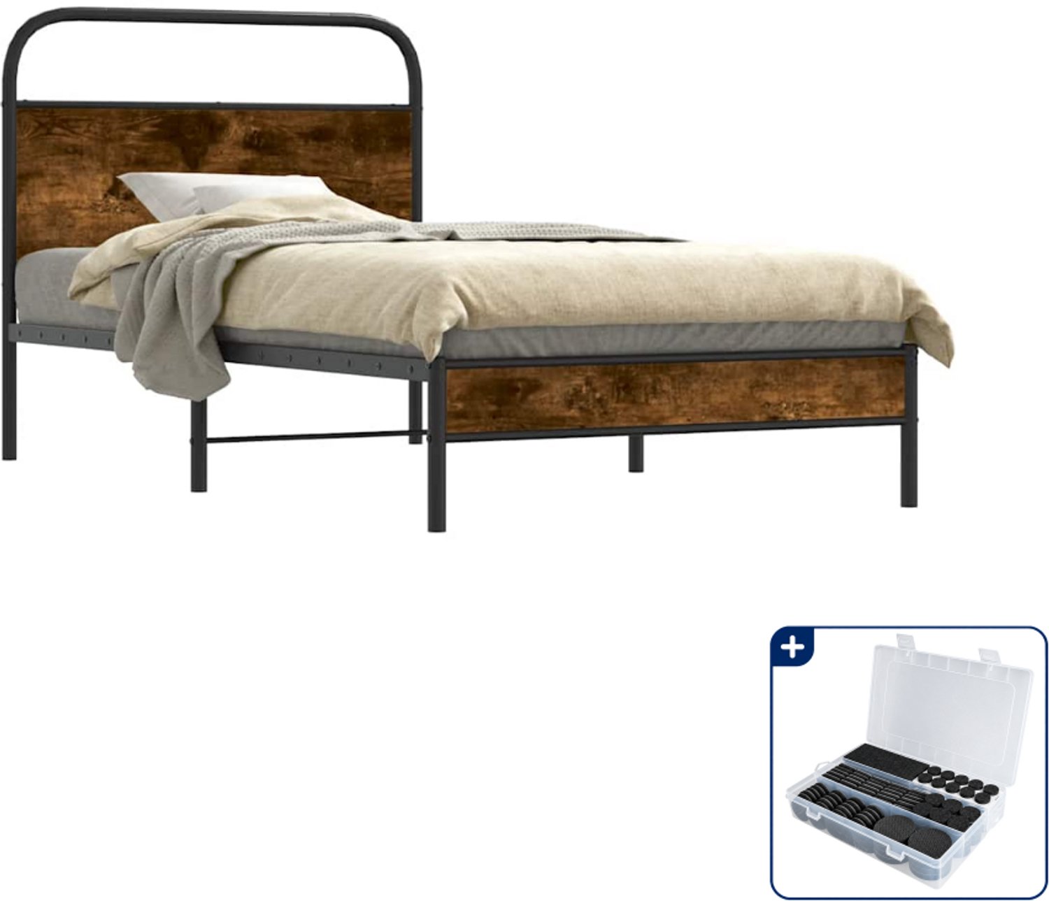 vidaXL bedframe - 100 x 190 cm - bewerkt hout - gerookt eiken - Inclusief antikrasvilt 177-delig Bruin