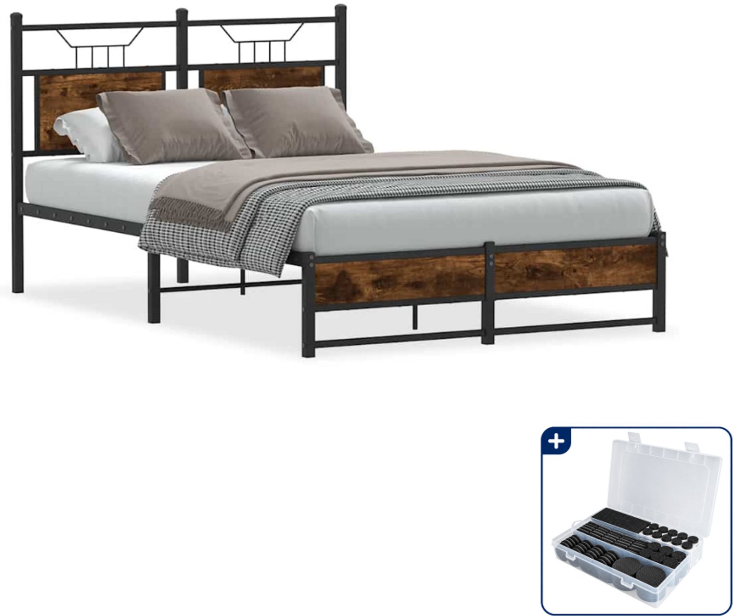 vidaXL Bedframe - 120 x 190 cm - bewerkt hout - gerookt eiken - Inclusief antikrasvilt 177-delig Bruin