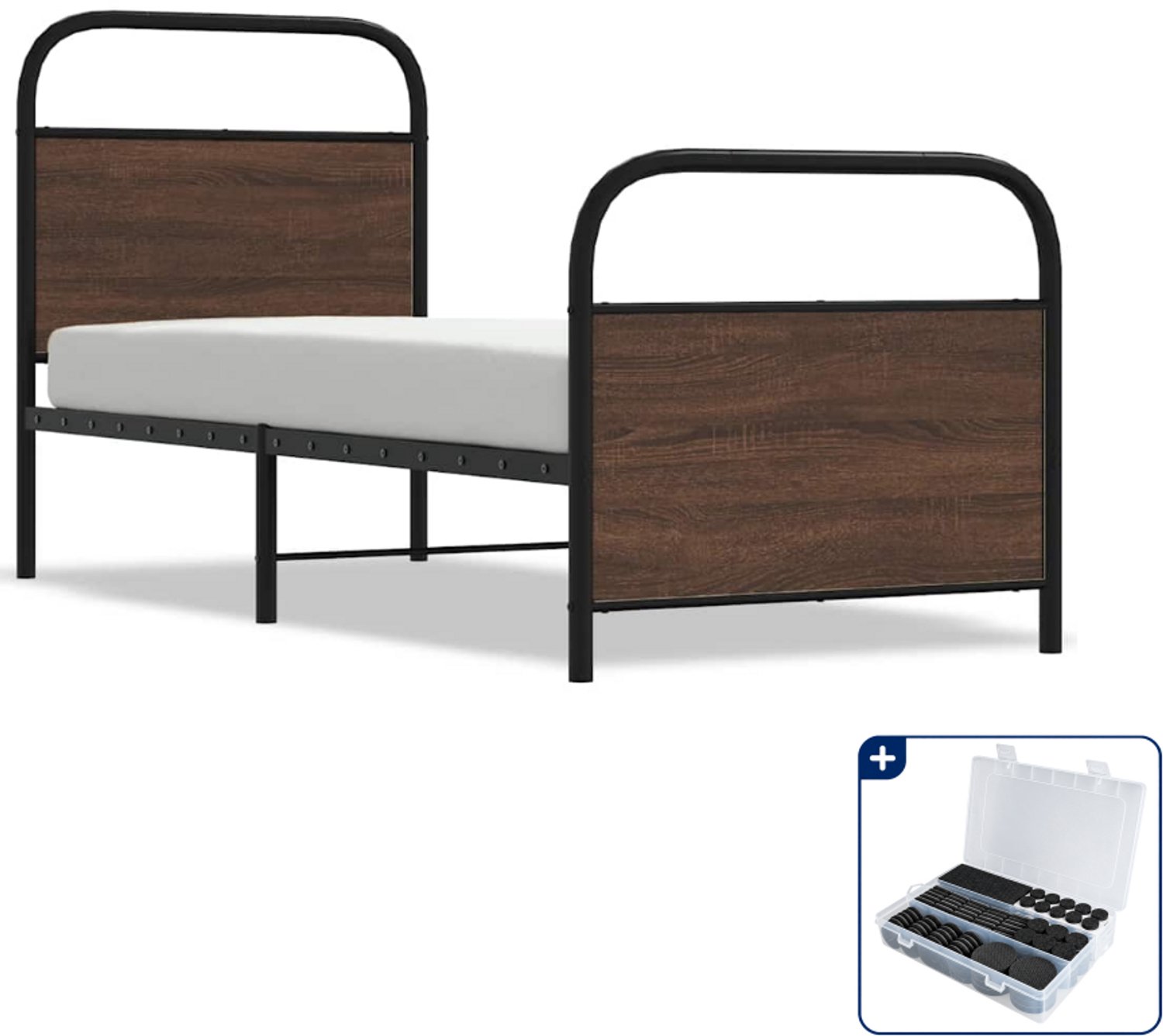 vidaXL bedframe - 75 x 190 cm - staal en bewerkt hout - bruineiken - Inclusief antikrasvilt 177-delig