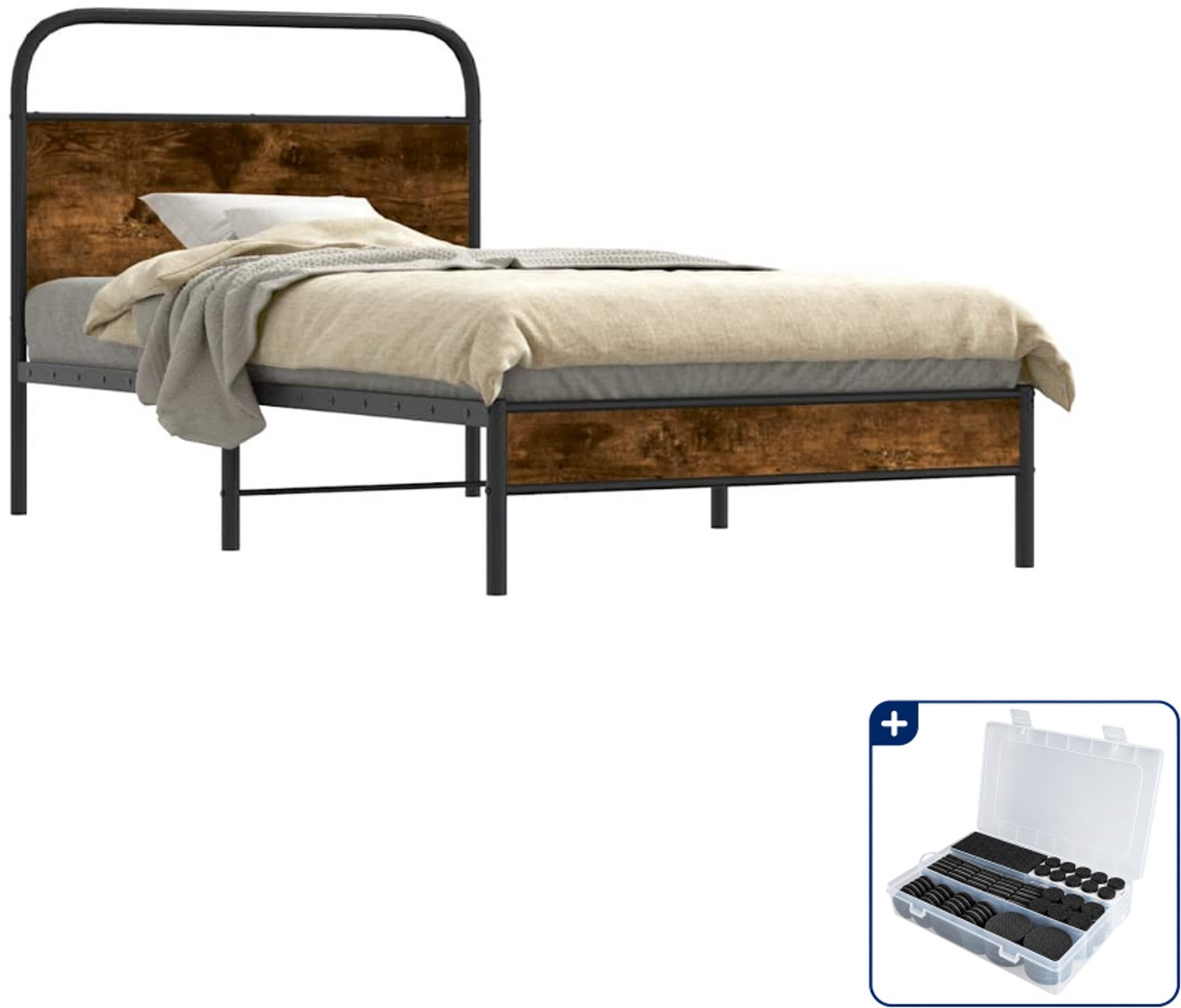 vidaXL Bedframe - 100 x 200 cm - staal en bewerkt hout - gerookt eiken - Inclusief antikrasvilt 177-delig Bruin