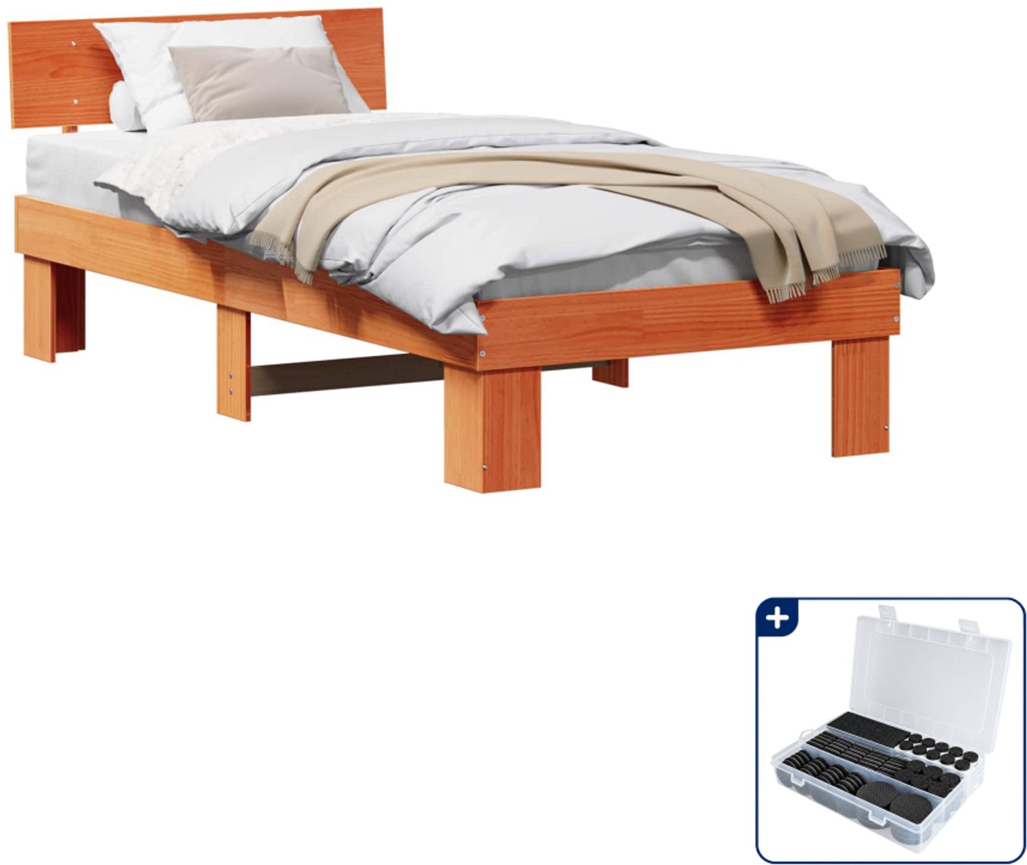 vidaXL bedframe met hoofdeinde - 90 x 200 cm - grenenhout - wasbruin - Inclusief antikrasvilt 177-delig