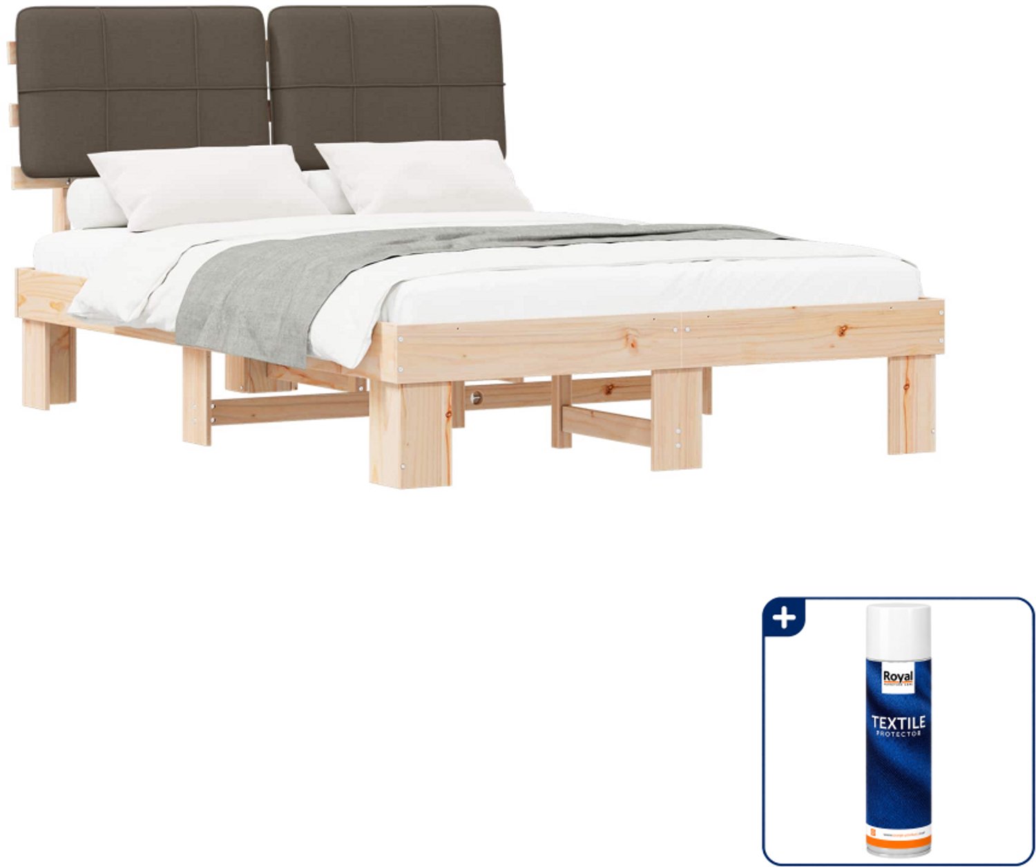 vidaXL Bedframe - 135 x 190 cm - massief grenenhout - naturel en taupe - Inclusief textielbeschermer 500 ml