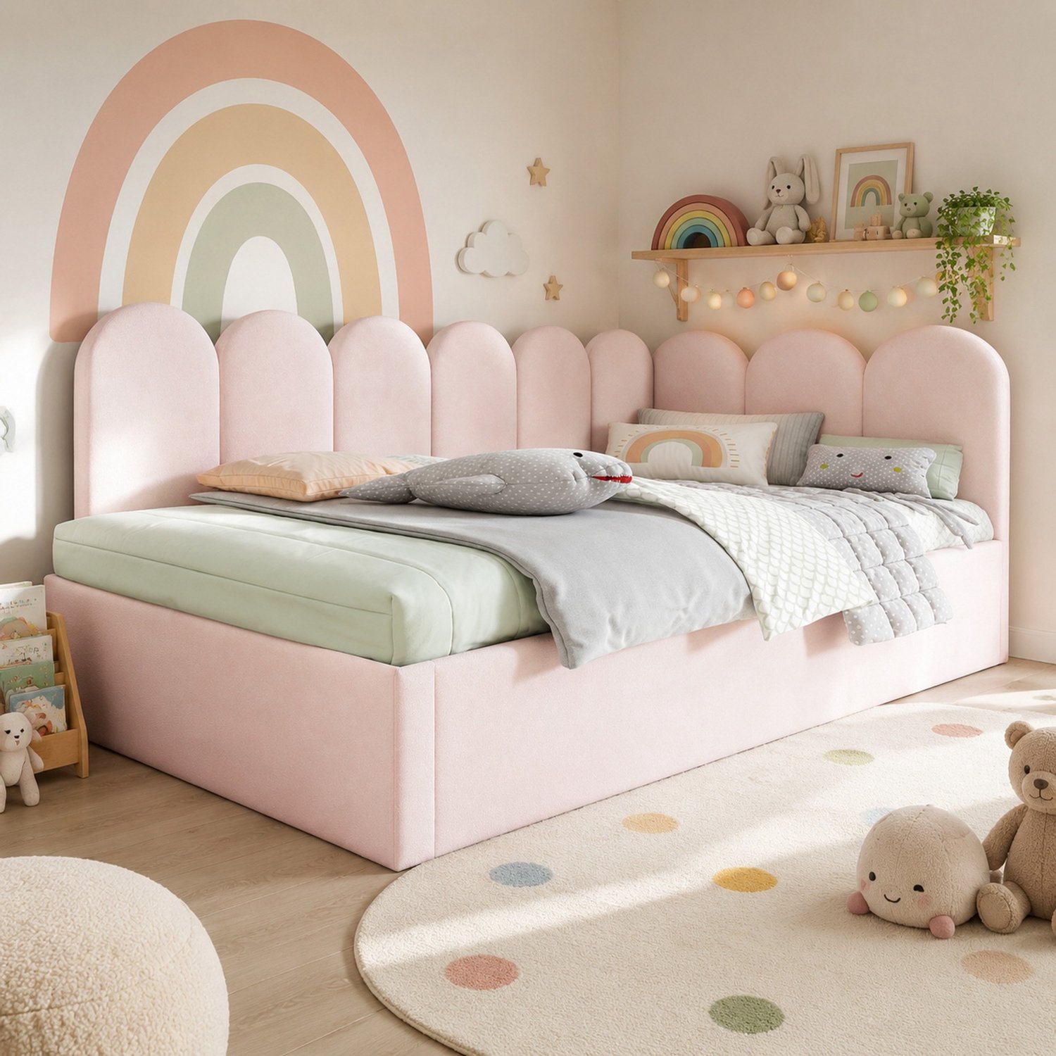 Maisentiel Roze gestoffeerd dagbed met uitschuifbed en lattenbodem - 90 x 200 cm