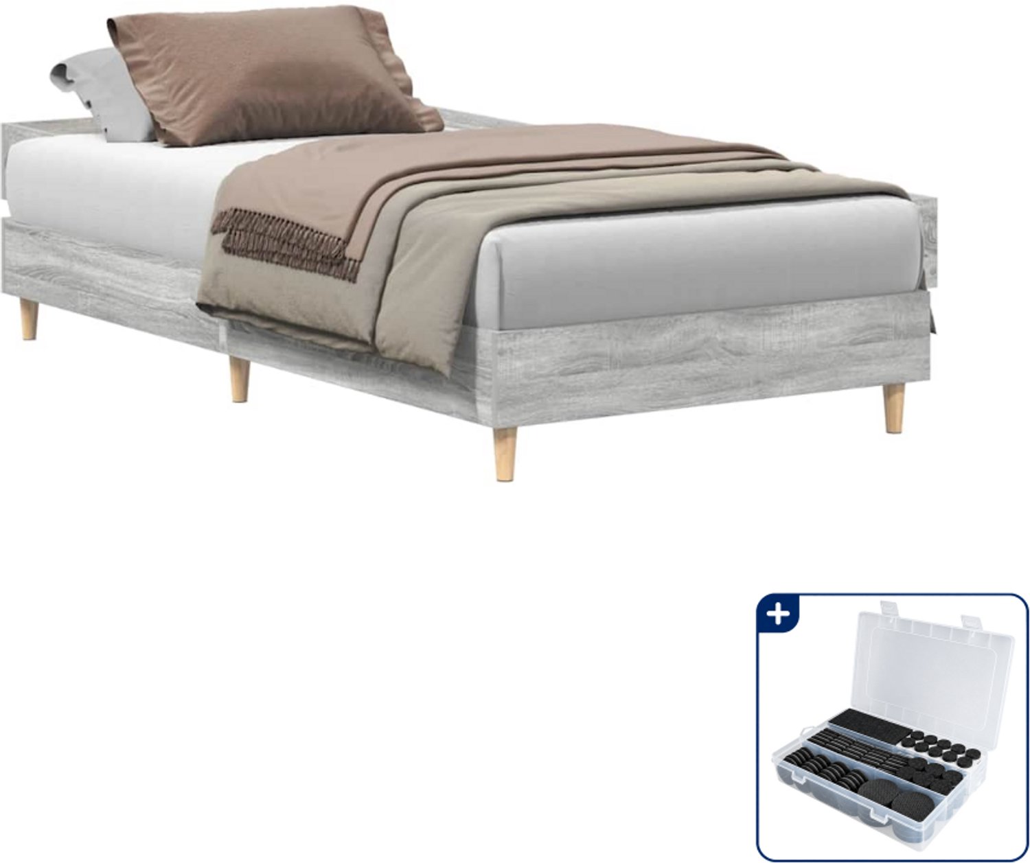 vidaXL bedframe - 75 x 190 cm - bewerkt hout - grijs sonoma - Inclusief antikrasvilt 177-delig