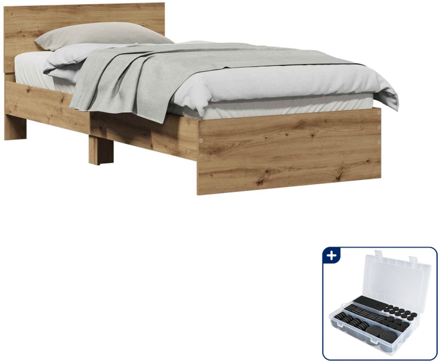 vidaXL bedframe met hoofdeinde - 75 x 190 cm - bewerkt hout - artisanaal eiken - Inclusief antikrasvilt 177-delig Bruin