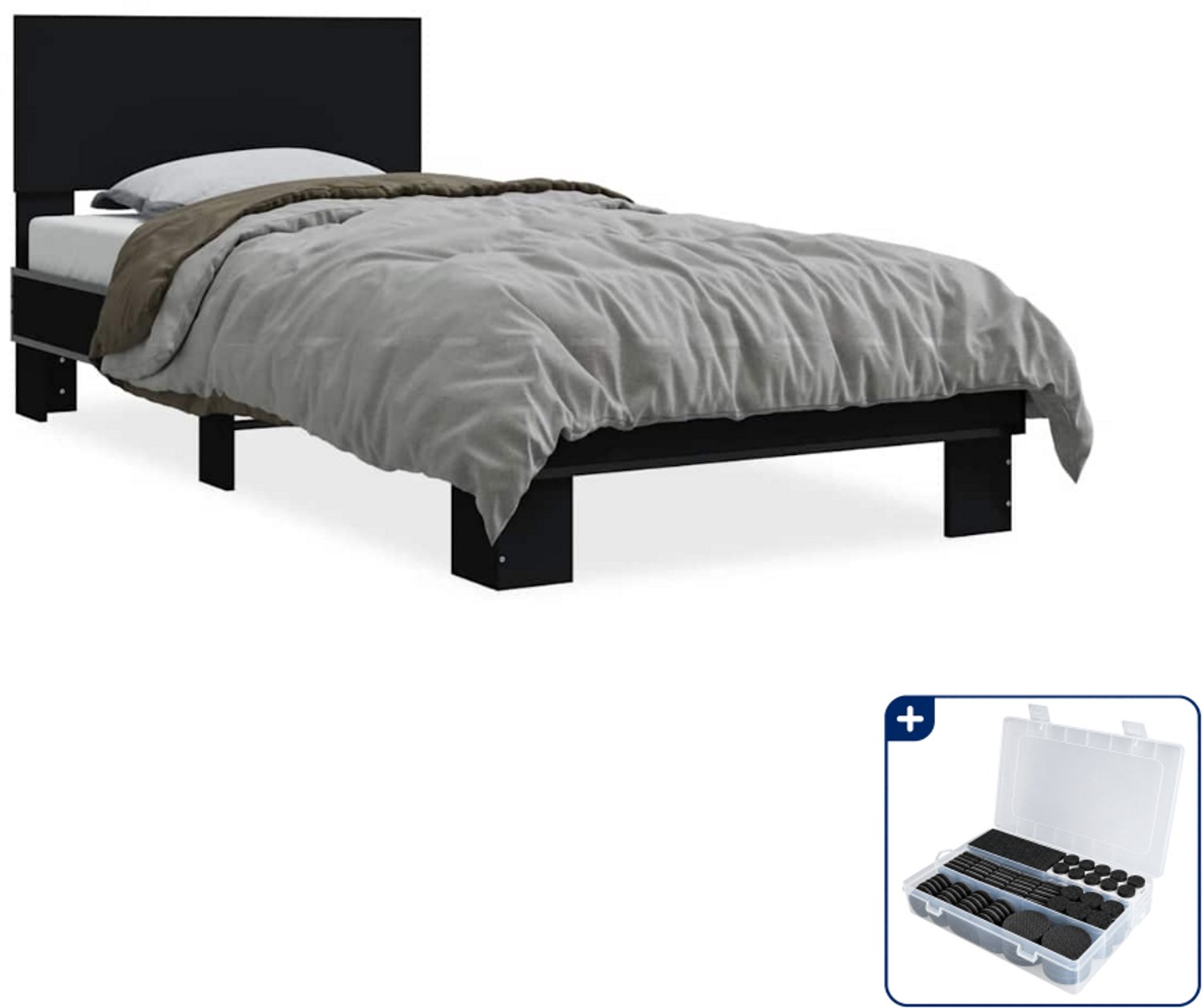 vidaXL bedframe - 75 x 190 cm - bewerkt hout en metaal - zwart - Inclusief antikrasvilt 177-delig