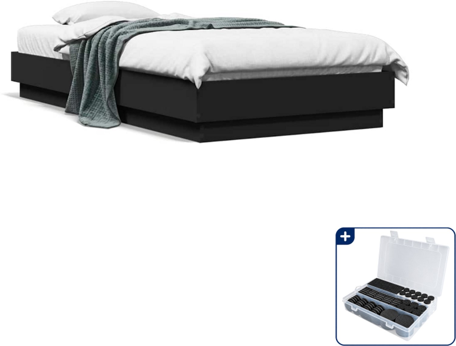vidaXL Bedframe - 90 x 190 cm - bewerkt hout - zwart - Inclusief antikrasvilt 177-delig