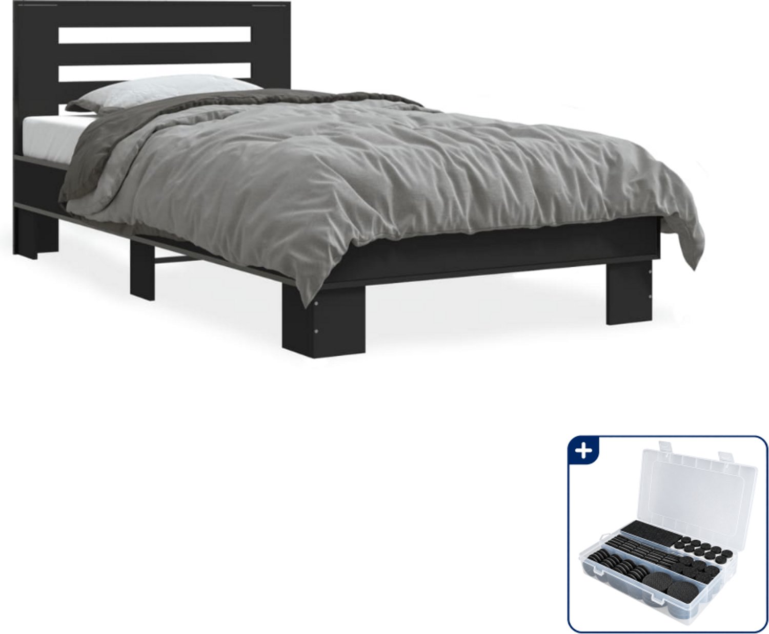 vidaXL bedframe - 75 x 190 cm - bewerkt hout en metaal - zwart - Inclusief antikrasvilt 177-delig