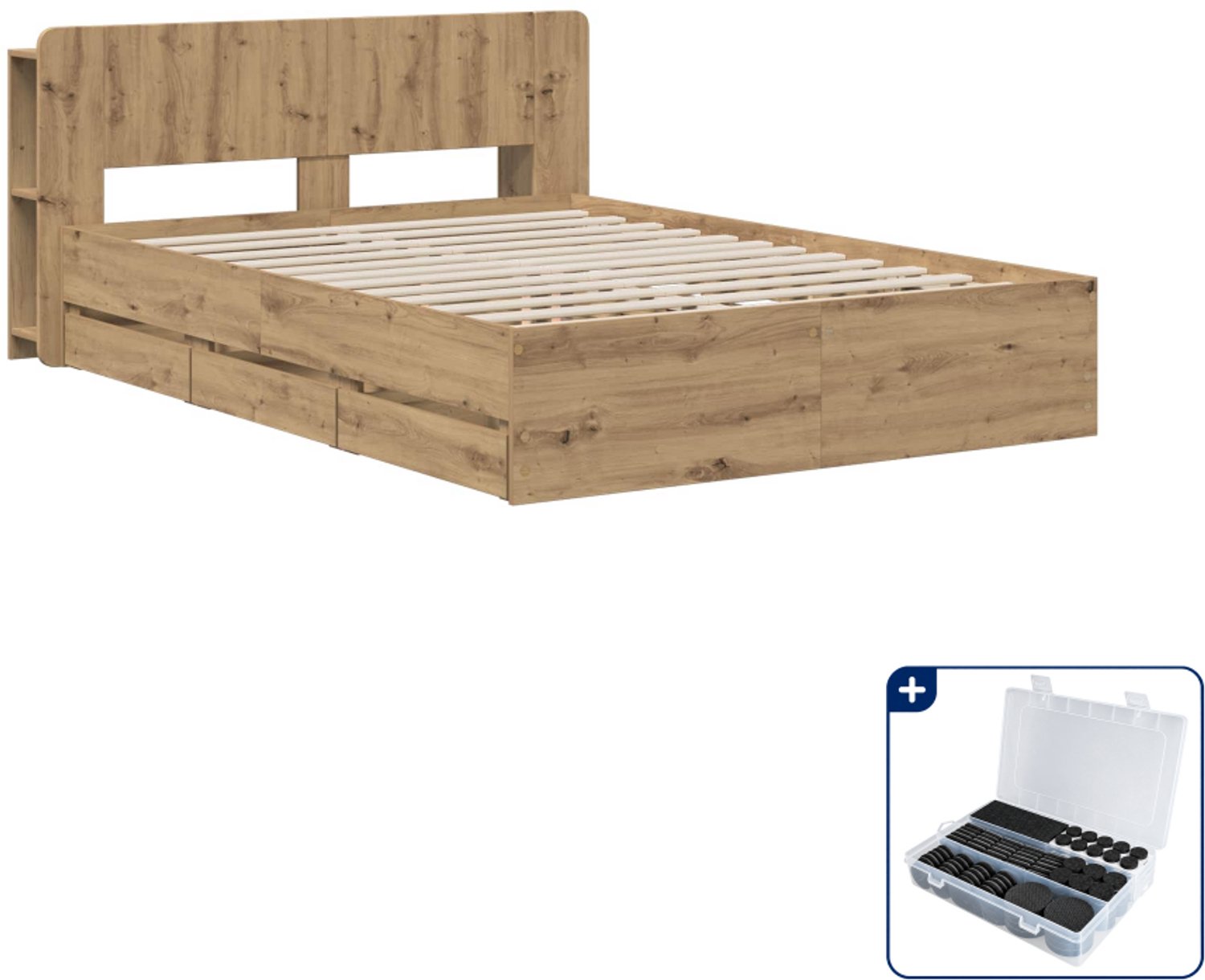 vidaXL Bedframe - 135 x 190 cm - bewerkt hout - artisanaal eiken - Inclusief antikrasvilt 177-delig Bruin