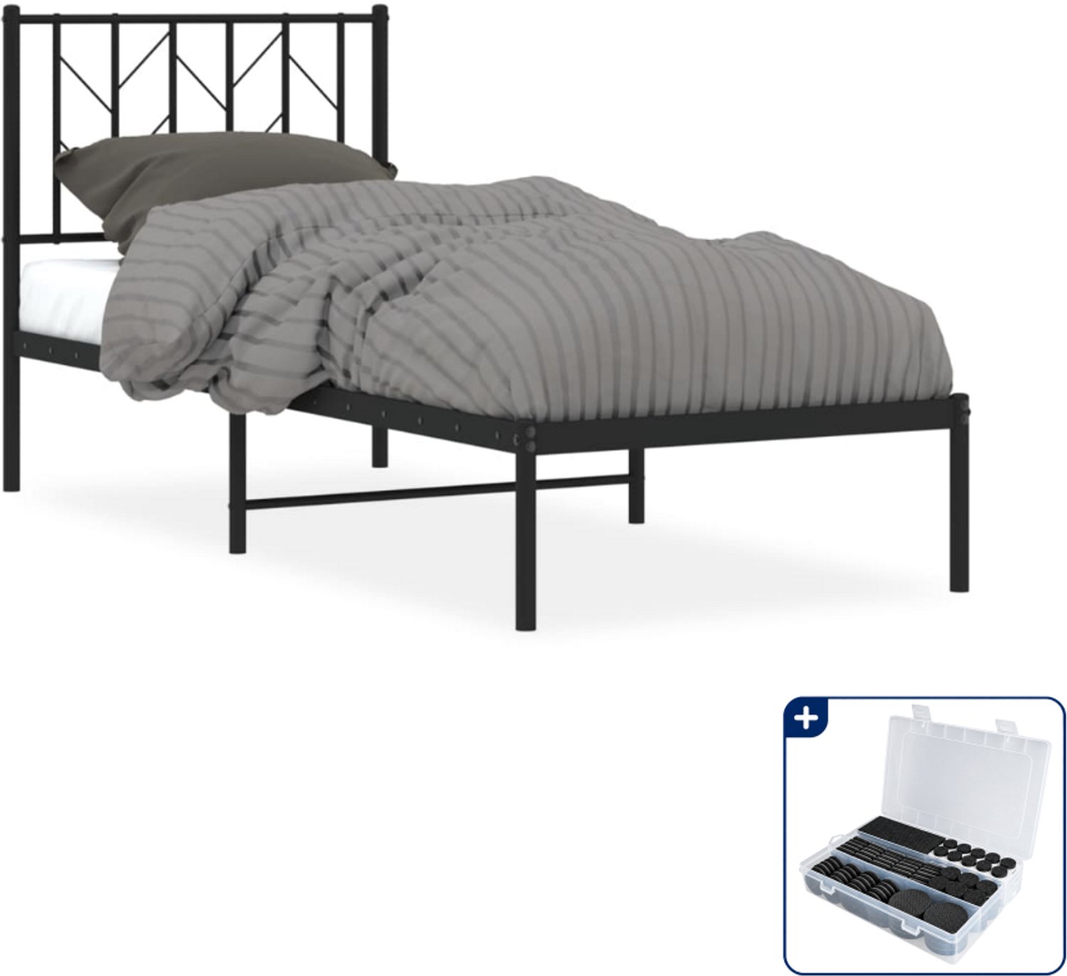 vidaXL bedframe met hoofdbord - 75 x 190 cm - staal - zwart - Inclusief antikrasvilt 177-delig