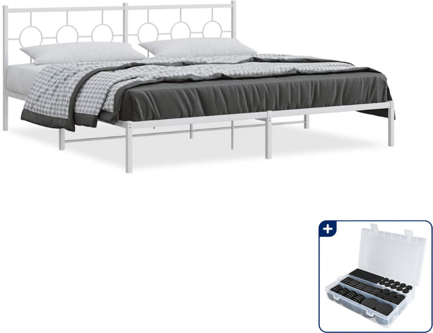 vidaXL bedframe met hoofdbord - 200 x 200 cm - staal - wit - Inclusief antikrasvilt 177-delig