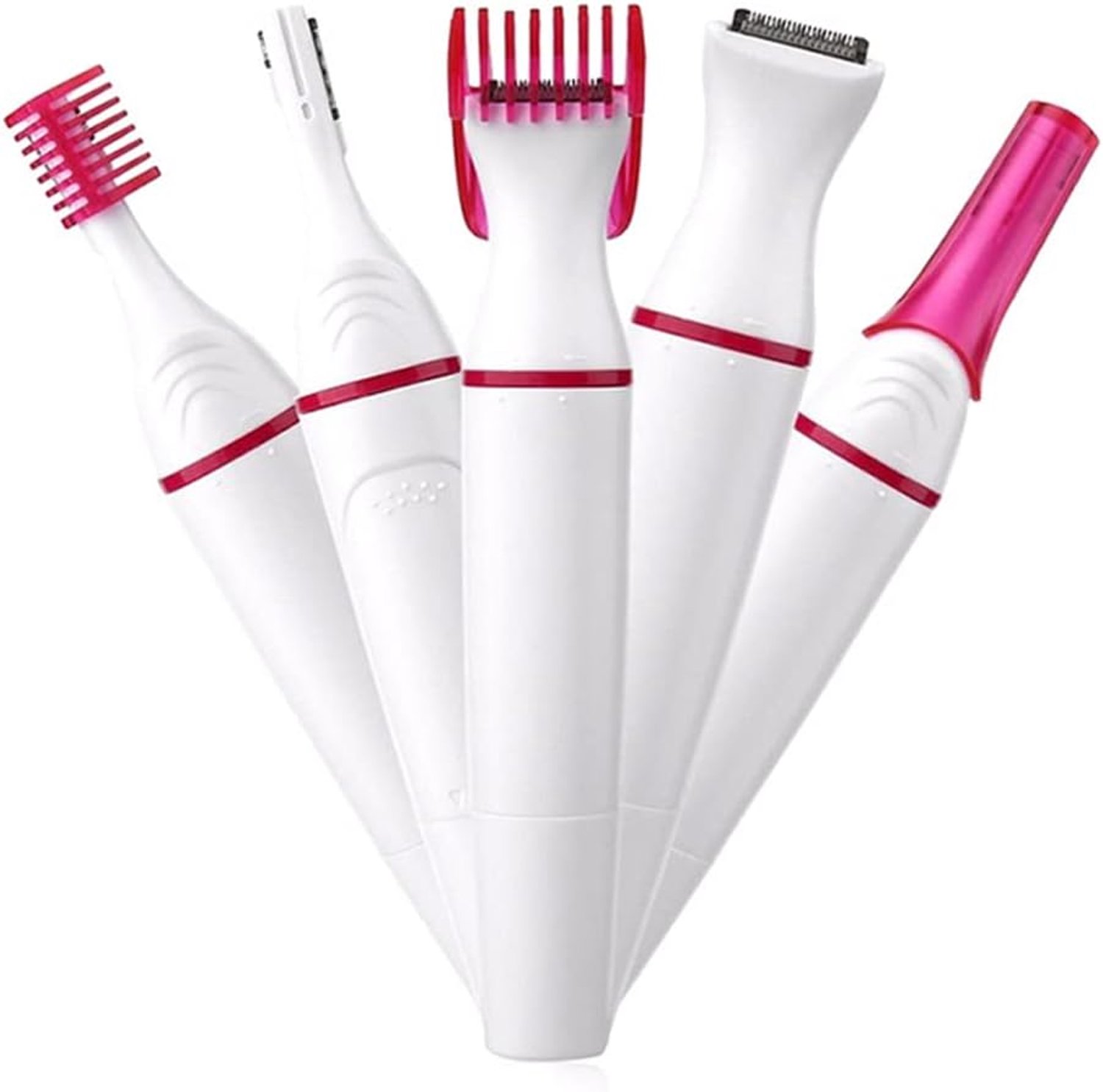 5-in-1 elektrisch ontharingsapparaat voor vrouwen: bikinitrimmer, wenkbrauwtrimmer, scheerapparaat en apparaat voor het ontharen van de armen.