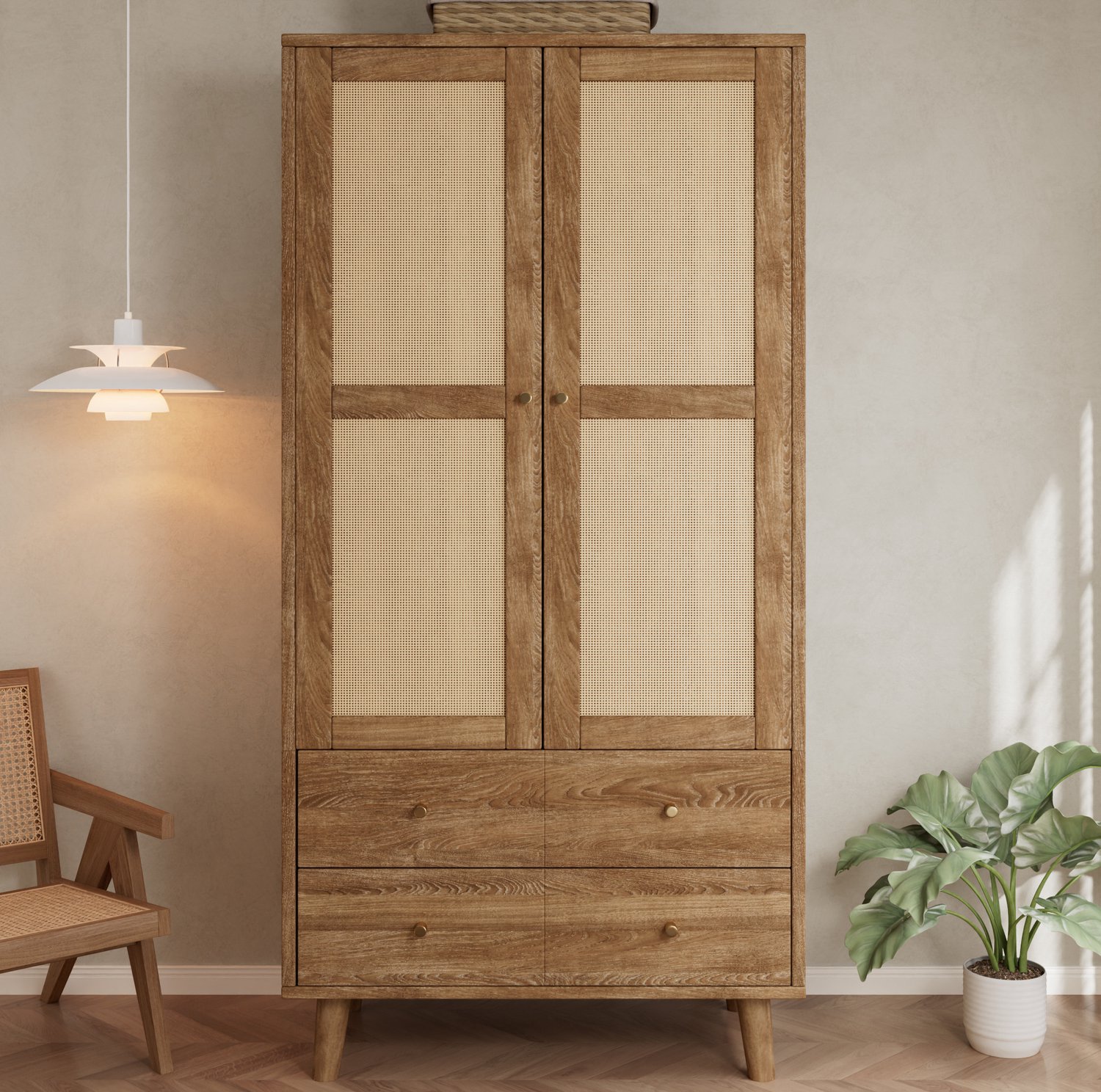 Wishdor Kledingkast - Rattanlook met 2 deuren - Kledingroede, legplanken en 2 lades - Kast op poten - Voor slaapkamer hal logeerkamer en kleedkamer - MDF - Naturel walnoot - 80 x 50 x 180 cm Naturel houtkleur