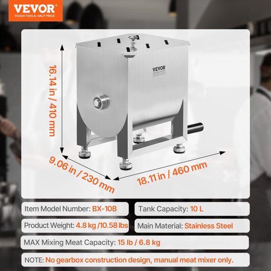 Handmixer Vleesmixer - 15 L Capaciteit - 6,8 kg Vlees - RVS - Handmatig Bediening - Vleesmenger — afbeelding 5
