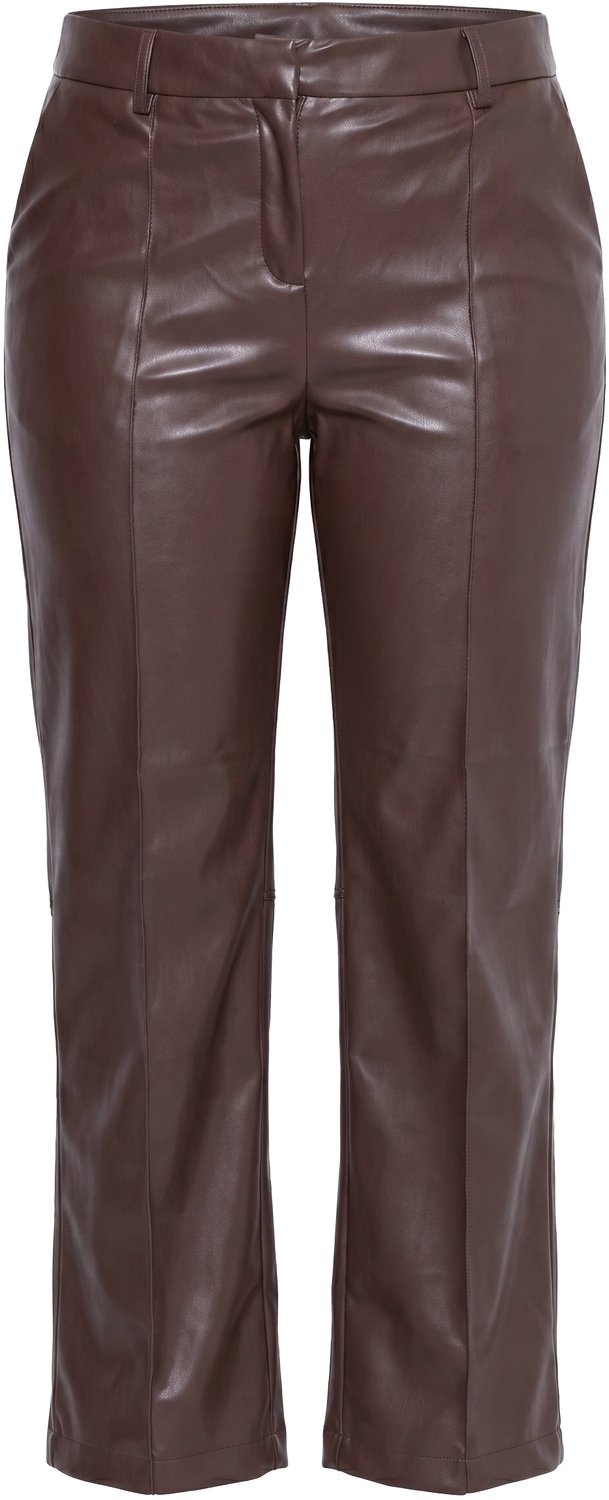 Ulla Popken - Dames - Broek leren look biesjes rechte pijpen - Bruin - Maat 50