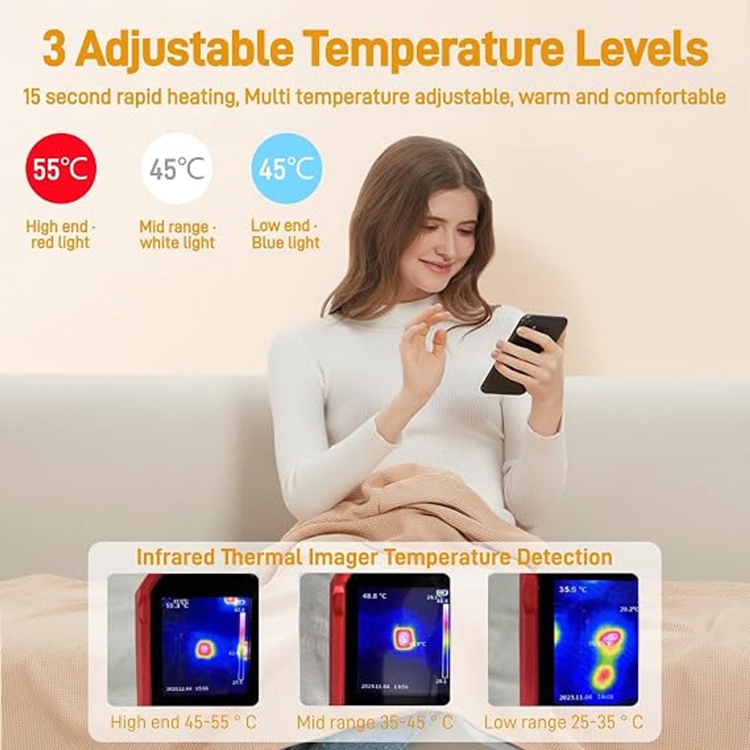 Elektrische deken - 150x80cm - Elektrische Cape met Rits - 8 Zones - 35-55°C - 3 Standen - Hoodie Deken - USB (Excl. Powerbank) - Voor Thuiswerken & Bank - Beige – foto 3