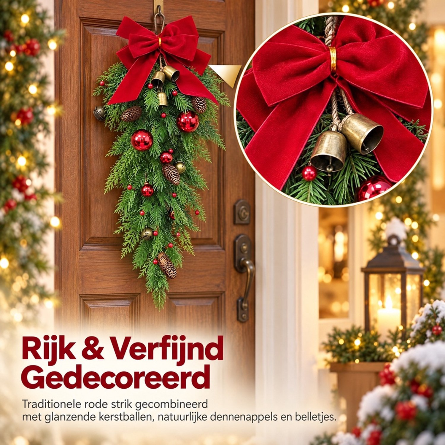 Premium Kerstslinger met LED( 60 cm) – Kerstguirlande – PE Kerstdecoratie – Rode Strik, Dennenappels & Belletjes - Kerstversiering voor trap / deur – foto 7