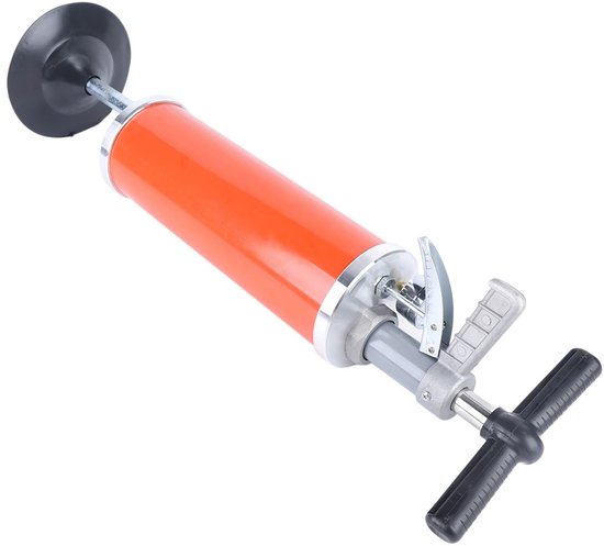 Oranje hogedruk-ontstopper met zilveren mechanismen, zwarte handgreep en zuignap tegen een witte achtergrond.