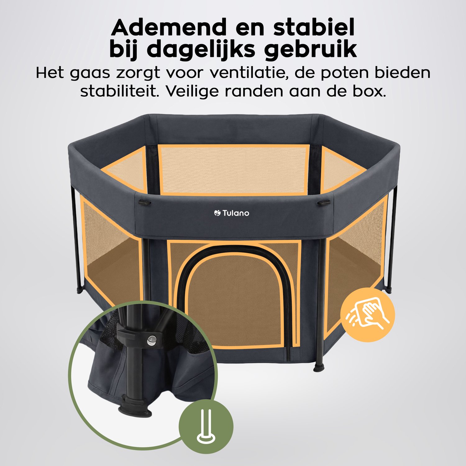 Tulano Cozy 30 - Grondbox - 125x125x66cm - Met draagtas - Inklapbare - Opvouwbare Baby Speelbox - zeshoek - voor binnen en buiten - ademend gaas - EN71 gecertificeerd - Grafiet – foto 5