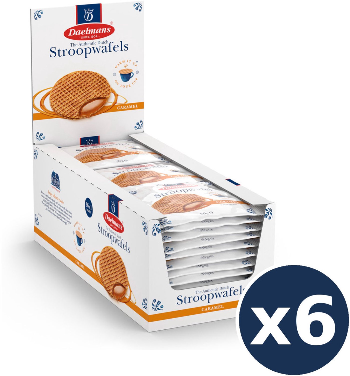 Daelmans Karamel Stroopwafels Voordeelbundel - 6 Dozen van 36 Stuks - 216 Individueel Verpakte Jumbo Stroopwafels - Traditioneel Hollands Recept