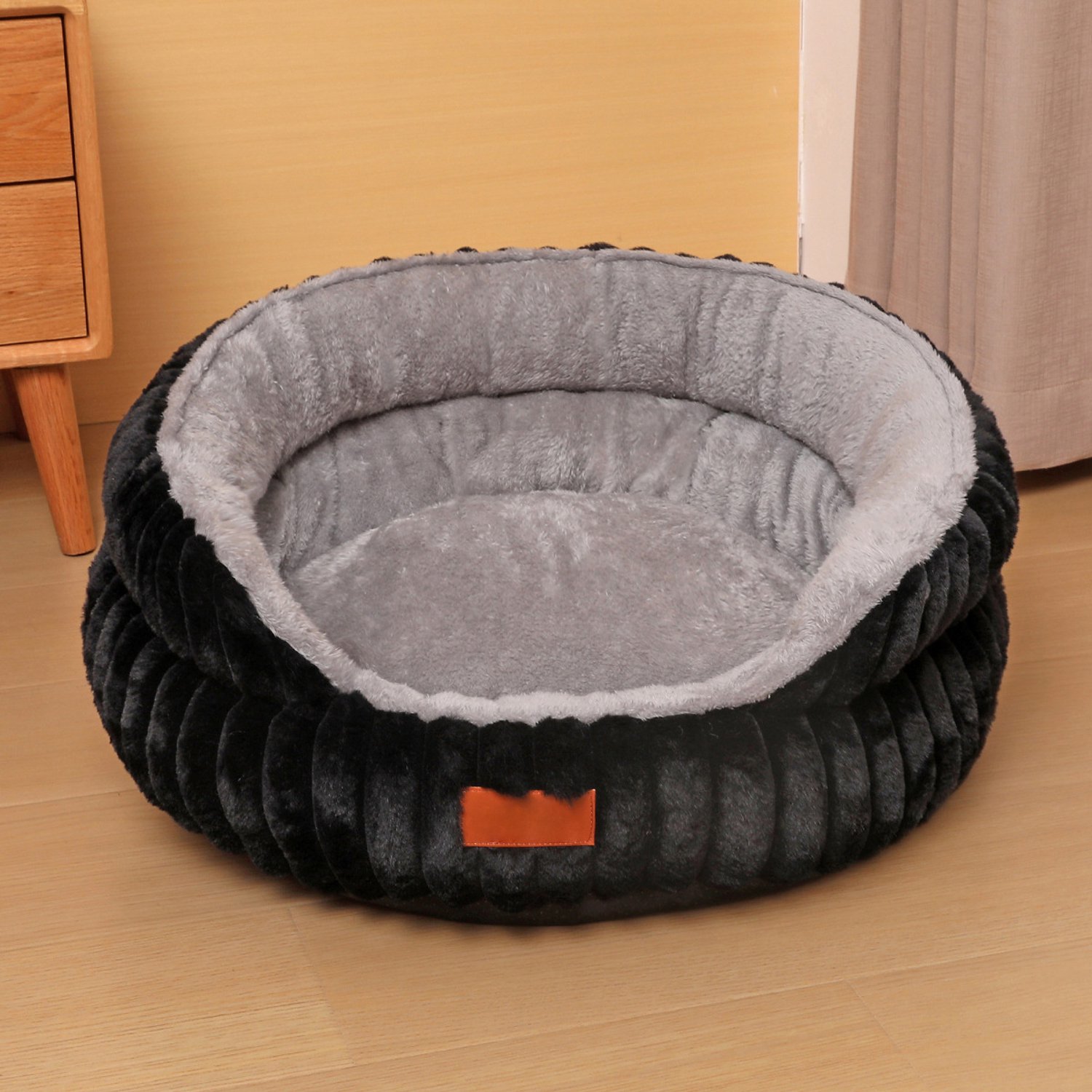 YAGXIG Huisdierbed – Honden-/kattenbed – Warm pluche huisdiermatje – Wasbaar – Rond ontwerp met extra vulling – Zwart (50 cm)