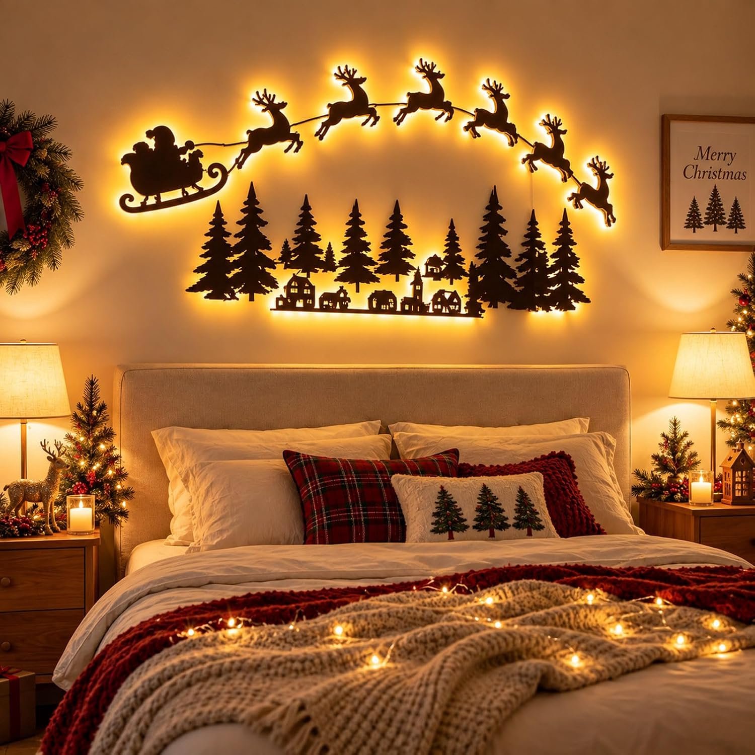 Wanddecoratie - Lichtende rendieren - Kerstversiering - De Kerstman + 6 rendieren - 3D houten kerst silhouet - Werkt op batterijen - met afstandsbediening - Onafhankelijk licht - Zelfklevend - Wandlamp - Voor Woonkamer, Slaapkamer, Gang & Schouw – foto 2
