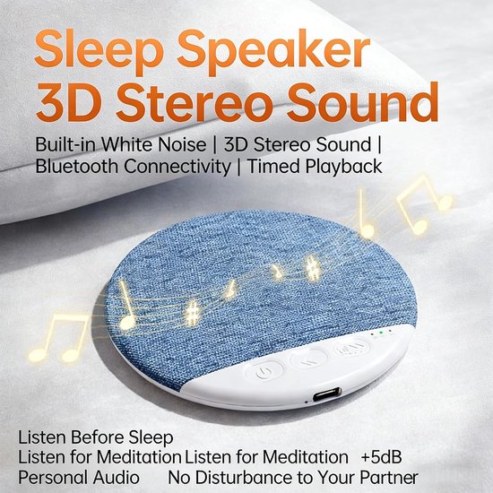 Nieuwe Bluetooth-luidspreker voor onder het kussen (2026) – Met white noise-functie – Voorzien van microvezelmateriaal en Bluetooth 5.4-technologie – Geschikt voor zijslapers – Beengeleidingstechnologie (Blauw x1) – Ultradun (1,1 cm) — afbeelding 4